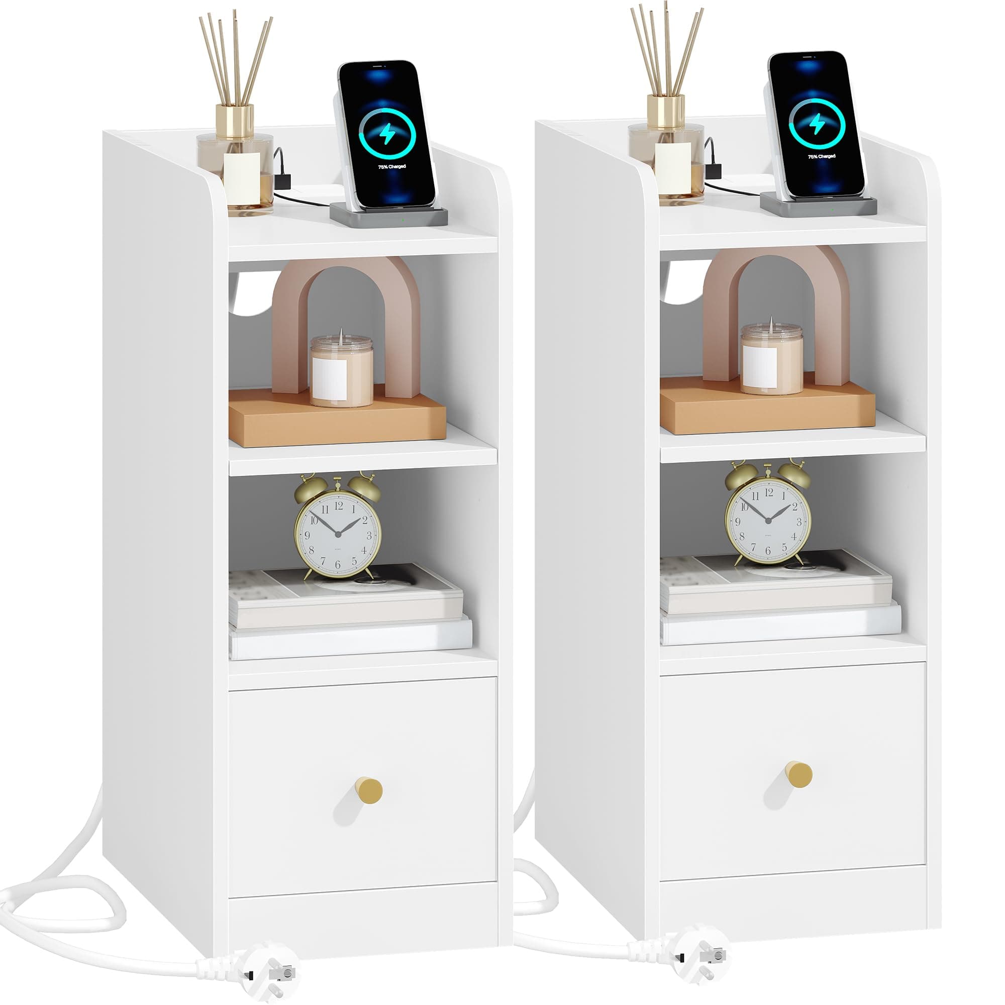 Hzuaneri Mesitas de Noche Juego de 2, con Estación de Carga, Puerto USB y Tipo C, Mesas Auxiliares Estrecha, Espacio de Almacenamiento de 3 Niveles con 1 Cajón, para Dormitorio, Sala, Blanco NS36503X