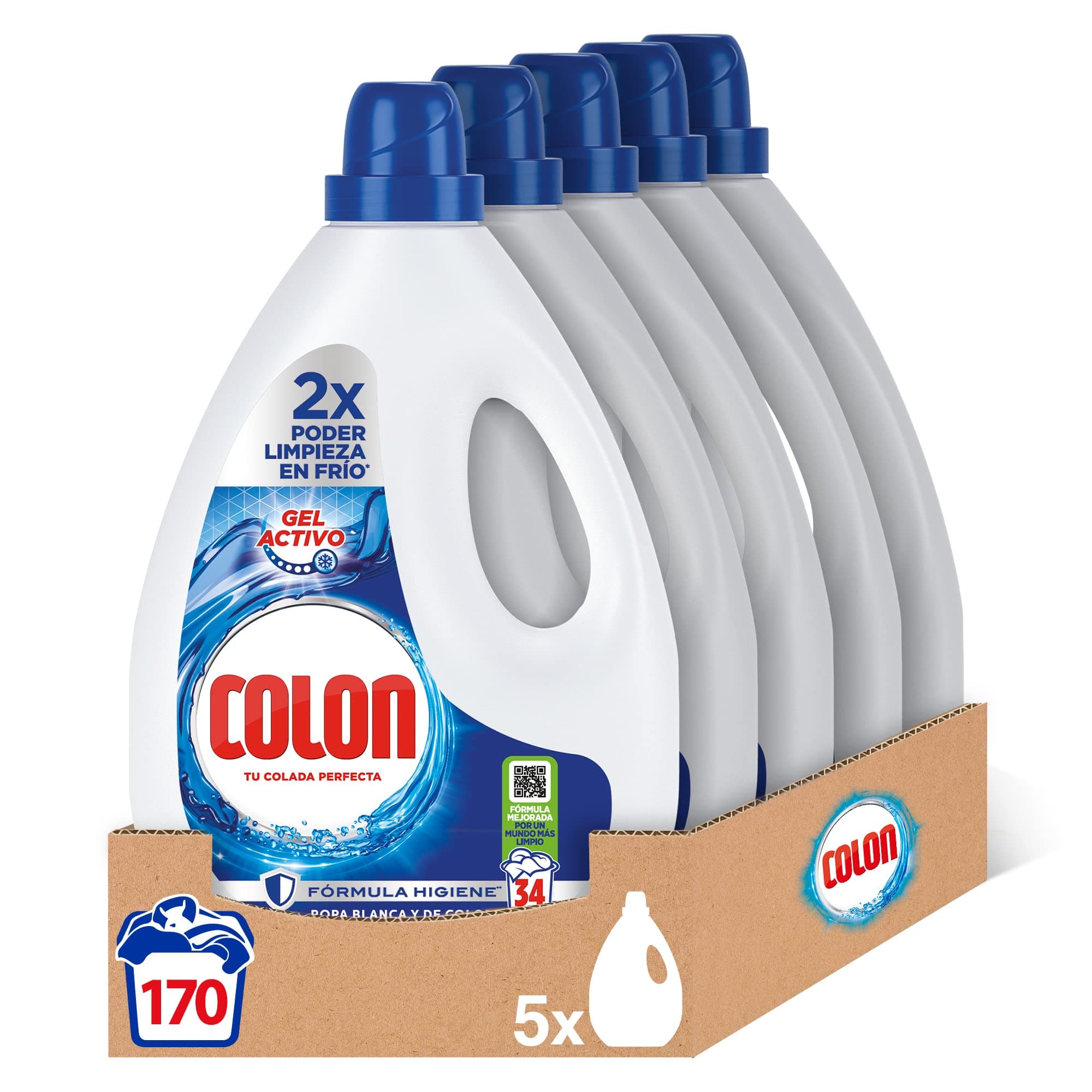 Colon Gel Activo - Detergente para lavadora líquido, fórmula higiene, adecuado para ropa blanca y de color, formato gel - pack de 5, hasta 170 dosis | SMART PACK = 10 meses de Limpieza y Frescor, Fórmula higiene, Adecuado para ropa blanca y de color, Formato gel