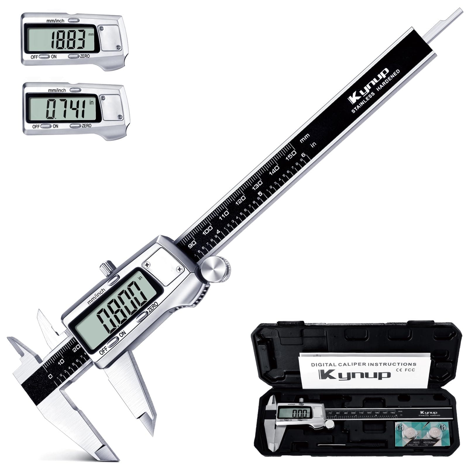Kynup Calibro a corsoiodigitale, 150 mm, calibro scorrevole, in acciaio inox, elettronica, strumenti di misurazione, display LCD per uso domestico e industriale, nero
