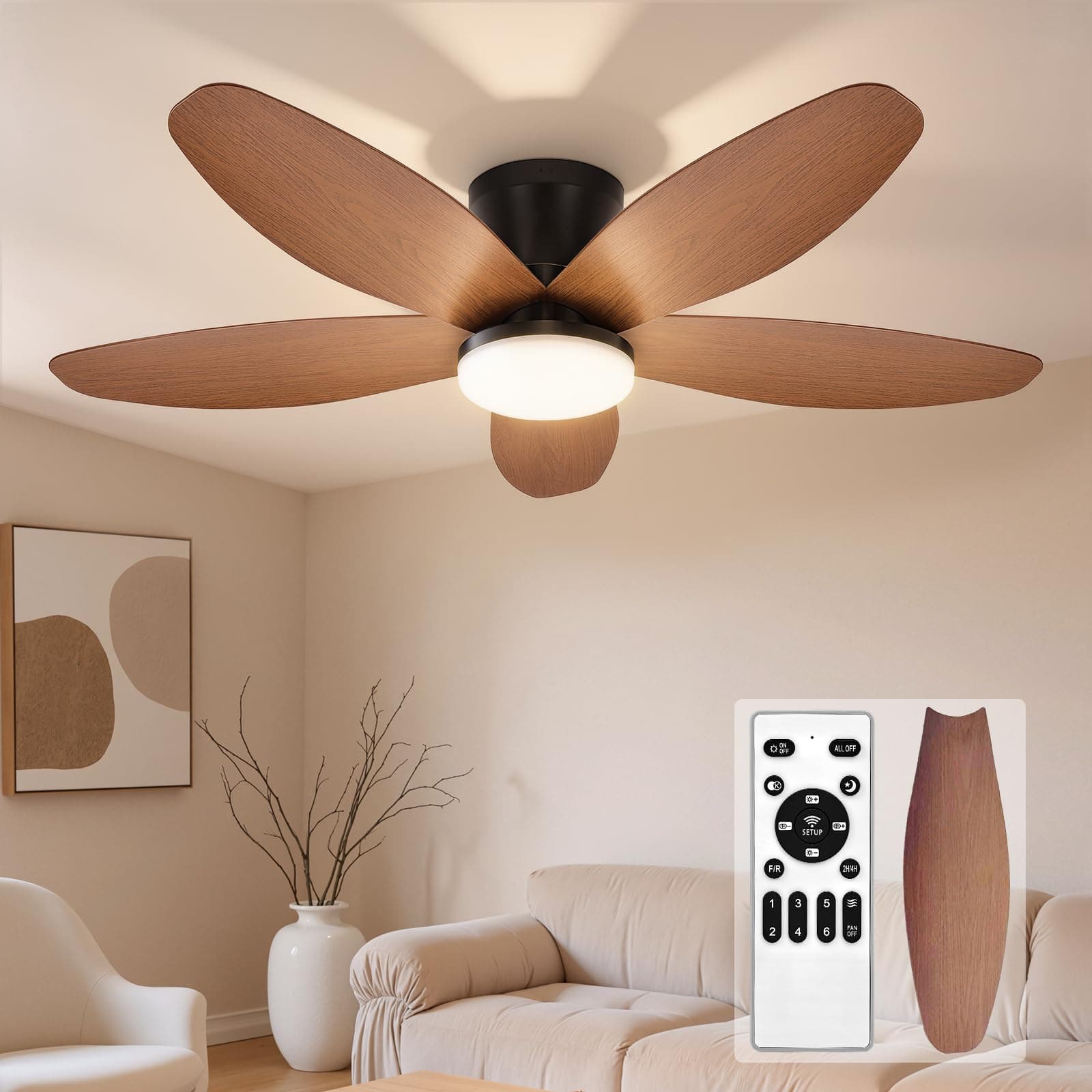 102CM Ventilatore a Soffitto,6 Velocità Ventilatore da Soffitto con Luce, Dimmerabile, Timer, 5 Pale Ventilatoro da con Luce e Telecomando per Soggiorno,Cucina,Camera da Letto, Ufficio (colore noce)