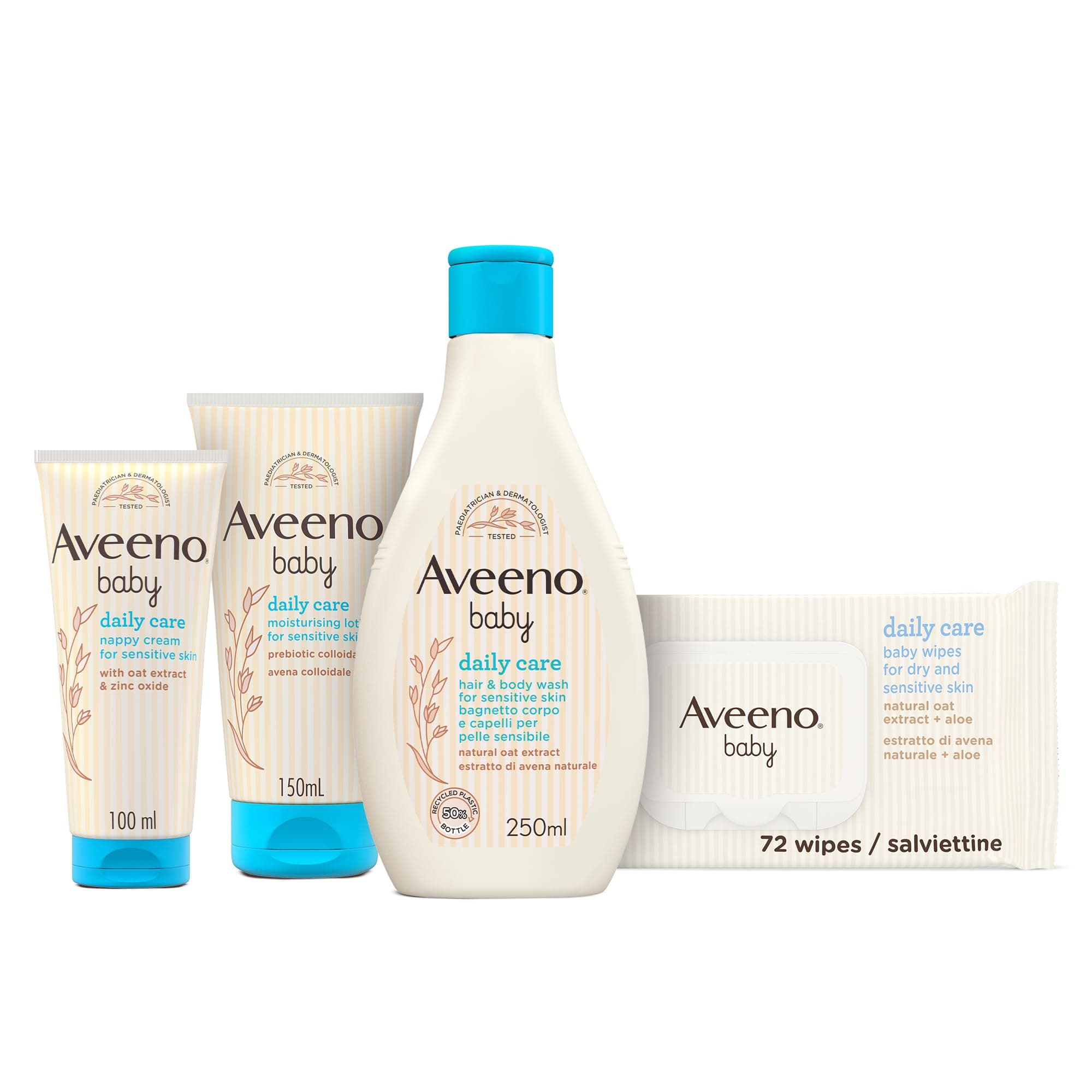Aveeno Baby Set Cura Neonato con Pasta Cambio Pannolino 100 ml, Detergente Bagnetto Corpo e Capelli 250 ml, Crema Idratante 150 ml e Salviettine per viso e corpo 72 pezzi – Esclusiva Amazon