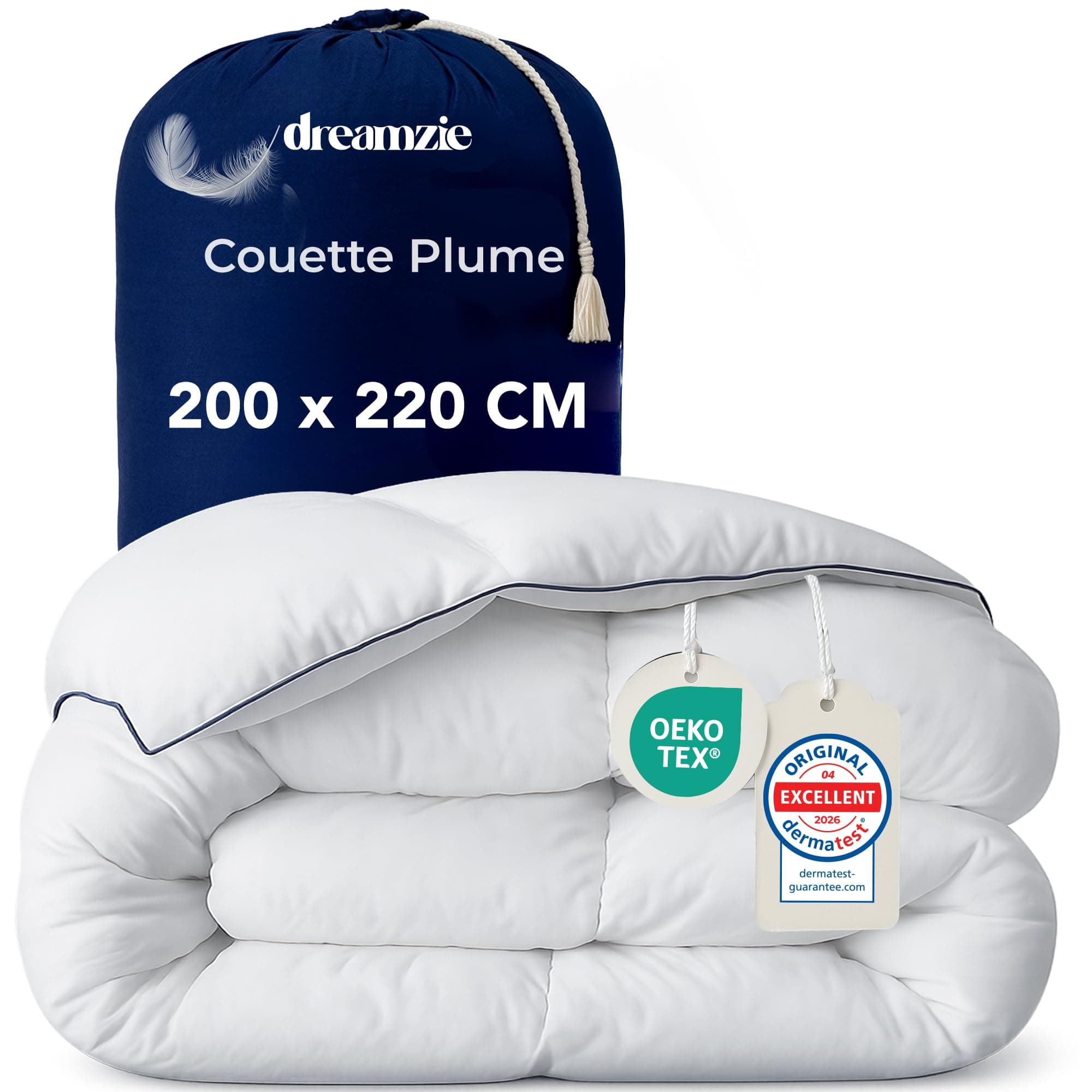 Dreamzie - Couette 200x220 cm Ultra Confort - Couette Plume & Duvet de Canard - Duvet 2 Personnes - 450gsm - Certifiée Oeko-Tex, RDS & Downpass