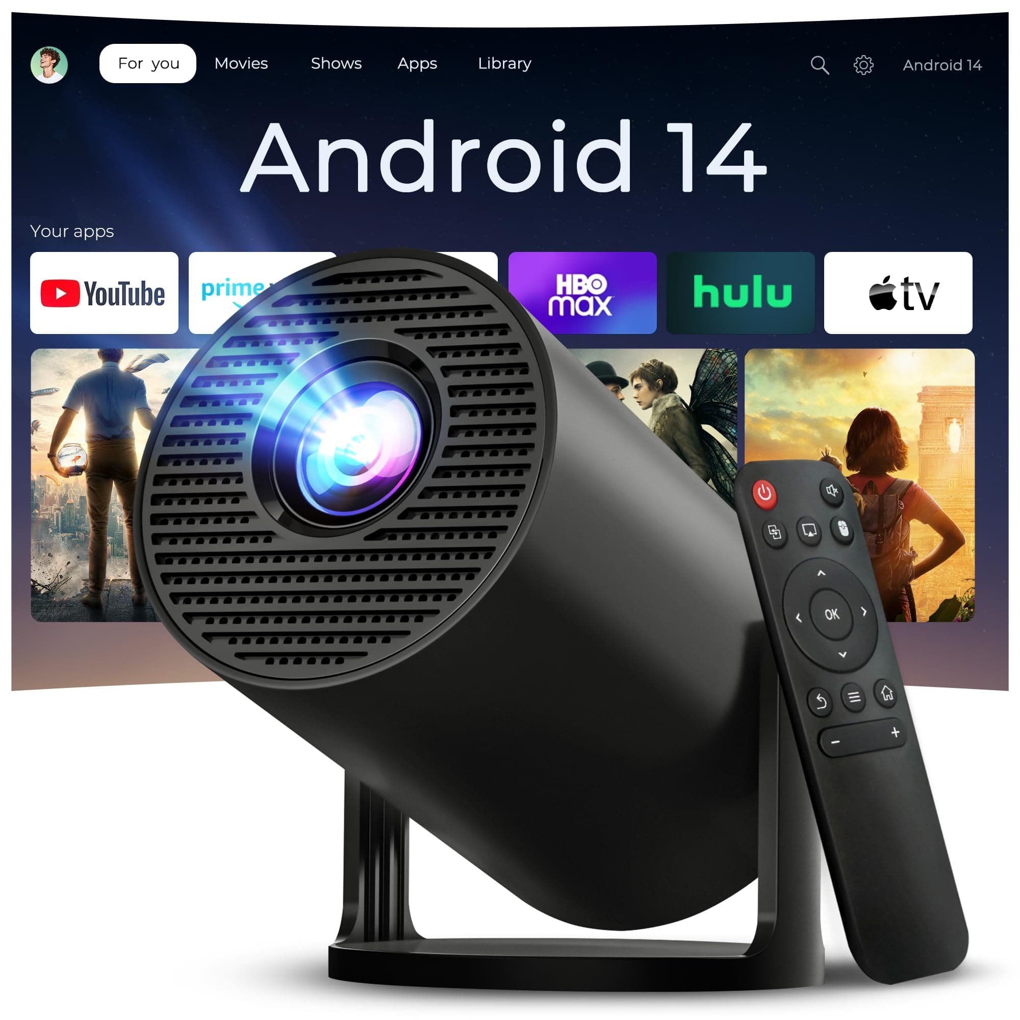 Vidéoprojecteur avec Wi-FI 6 & Bluetooth 5.4, Apps intégrées Supporte 4K Full HD Mini Video Projecteur, Android 14, Auto Keystone, 2026 Upgraded Projector pour HDMI/iPhone/USB Noir