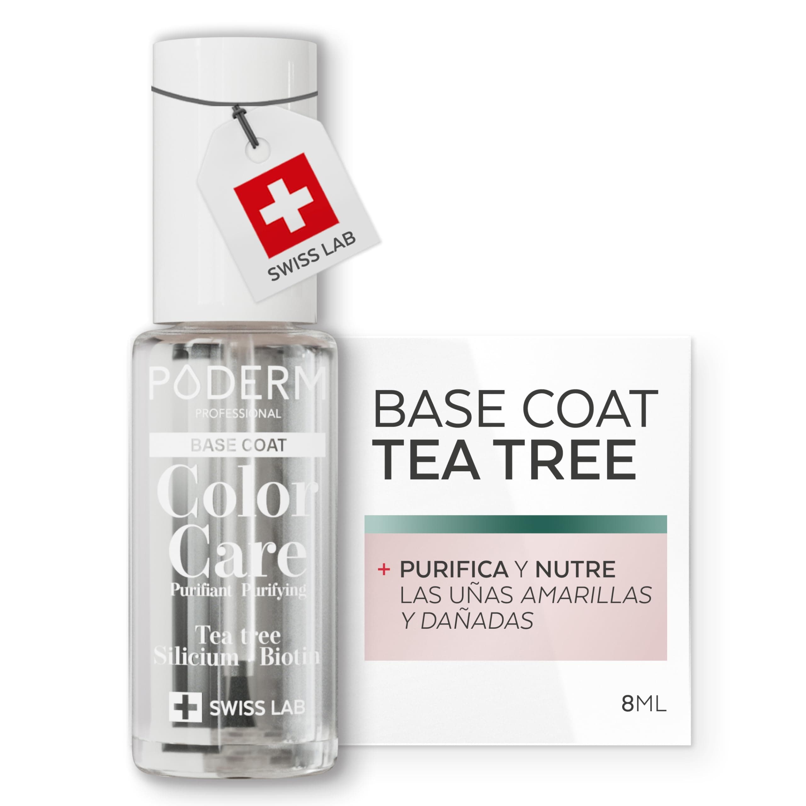 PODERM - BASE COAT Protectora - Enriquecida con ÁRBOL DE TÉ - Garantiza una larga duración de los colores - Prevención y tratamiento de las uñas amarillas/dañadas - Ingredientes naturales - Swiss Lab