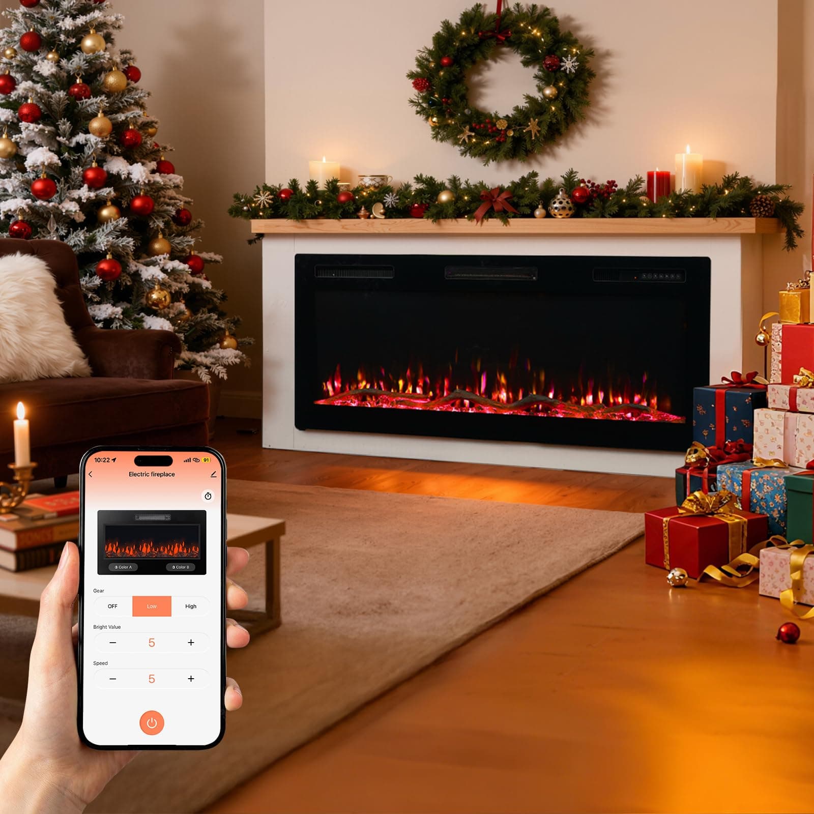 HOMAVO 50" Caminetto Elettrico, 1000W/2000W Camino Elettrico, 12 Colori di Fiamma 3D, 12 Colori di Fuoco in Legno, Telecomando & APP, incluido Mobile