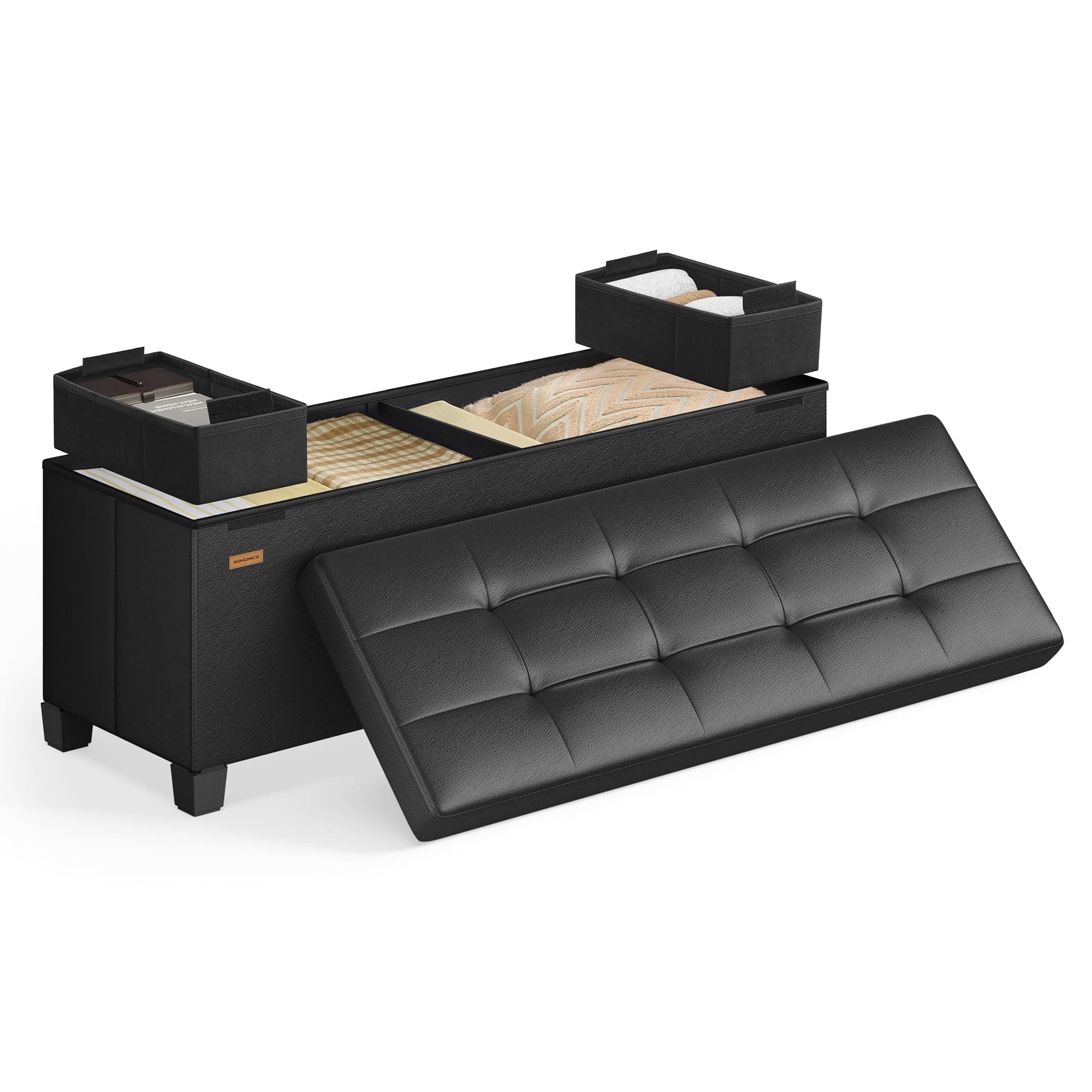 SONGMICS Sitzhocker mit Stauraum, klappbare Sitzbank mit Beinen, 38 x 110 x 40 cm Fußbank, Aufbewahrungsbox, bis 300 kg belastbar, für Wohnzimmer Schlafzimmer Flur, Schwarz LSF0514B02