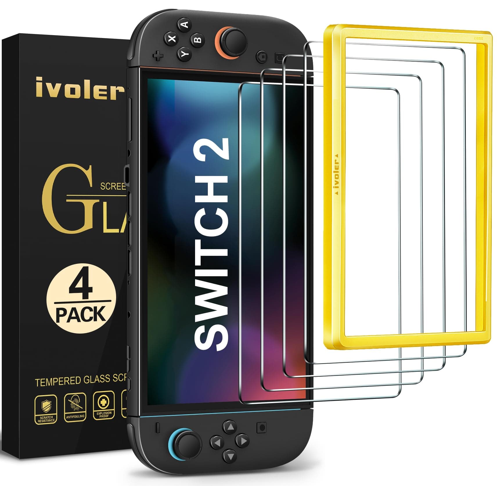 ivoler Pack de 4 Verre Trempé pour Nintendo Switch 2 Model 2025, avec Kit Installation Offert, installation en 30 secondes Film de Protection d’écran - 9H Glass - Anti Rayures - Sans Bulles