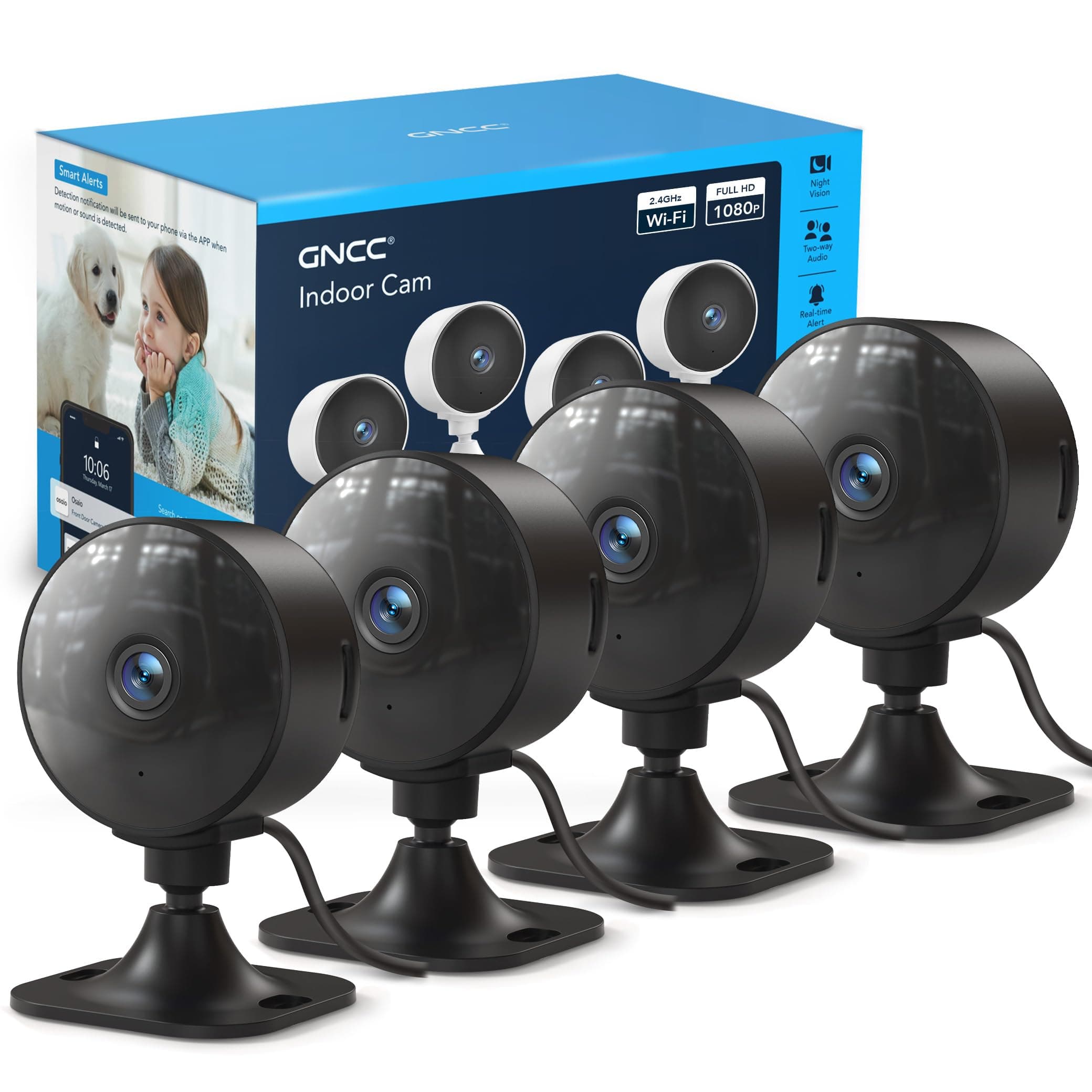 GNCC GC3 Pack 4 Camara Vigilancia WiFi Interior 1080P, 2.4GHz, Lente Fijo, Fácil Instalación, App Móvil, Nube y Almacenamiento SD, Detección de Movimiento, Enchufable, Negro