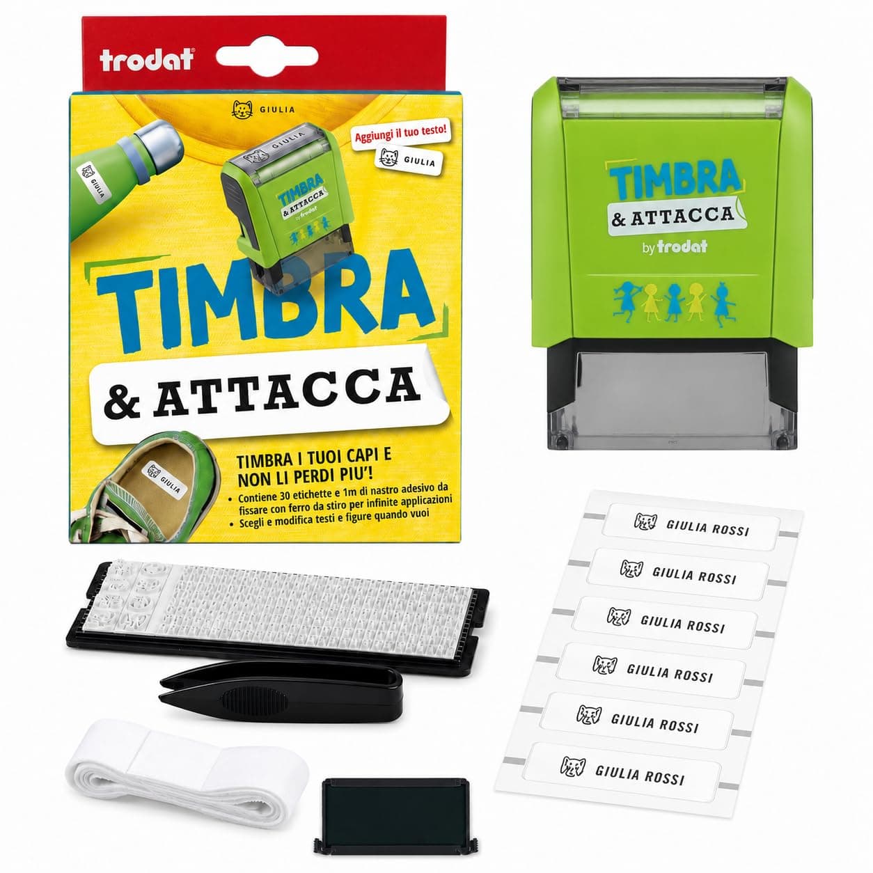 Trodat Timbra e Attacca, Timbro Vestiti Bambini Asilo per creare Etichette Adesive Personalizzate, per Set Asilo Personalizzato, Timbro, Caratteri, Pinzetta, Nastro Termoadesivo, 30 Etichette Adesive