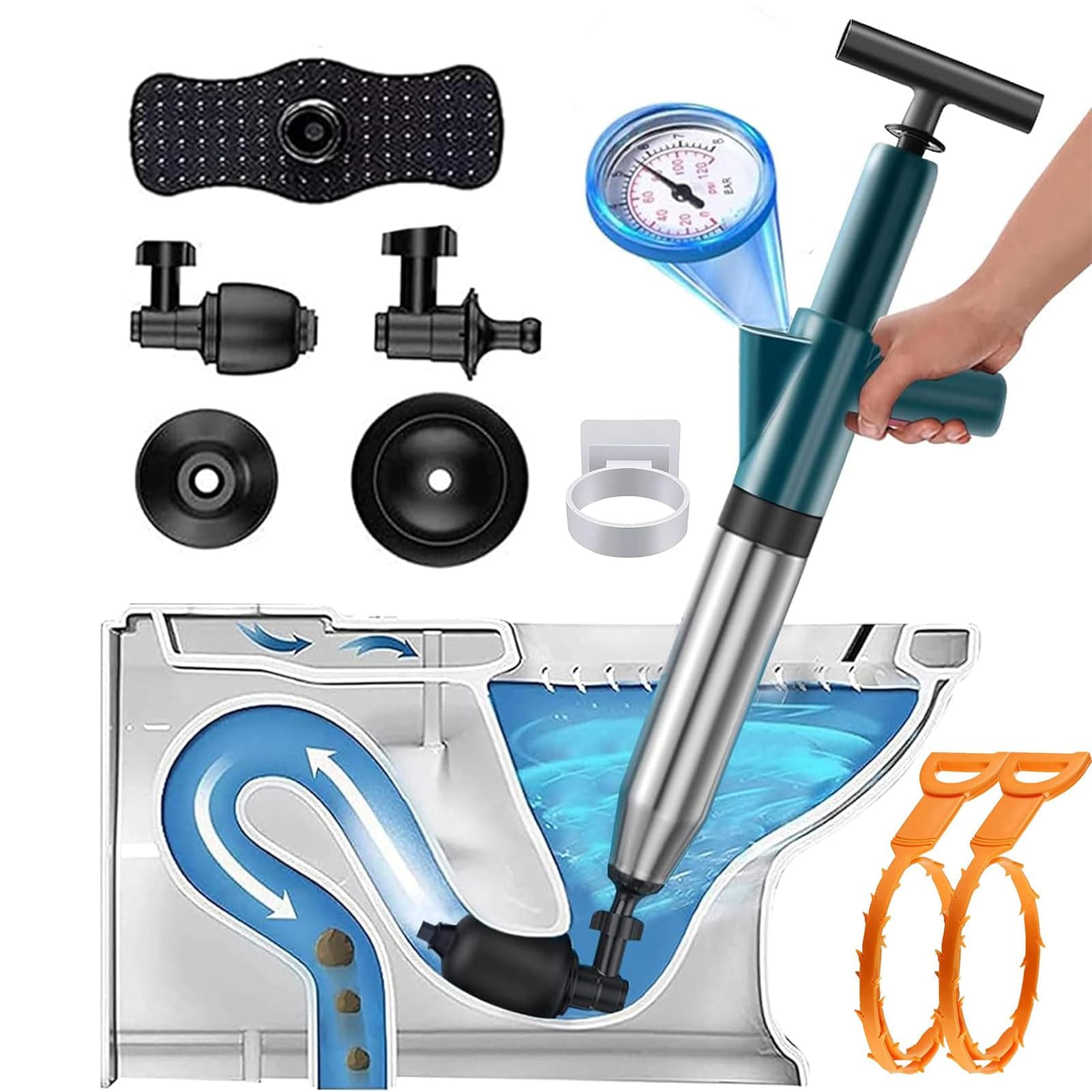 NiC IS COCNG Stura WC, Pompa stura scarichi a Pressione, sturatubi aria compressa, stura lavandini e scarichi Professionale, 3 Diverse Ventose e la Pulizia del lavandino