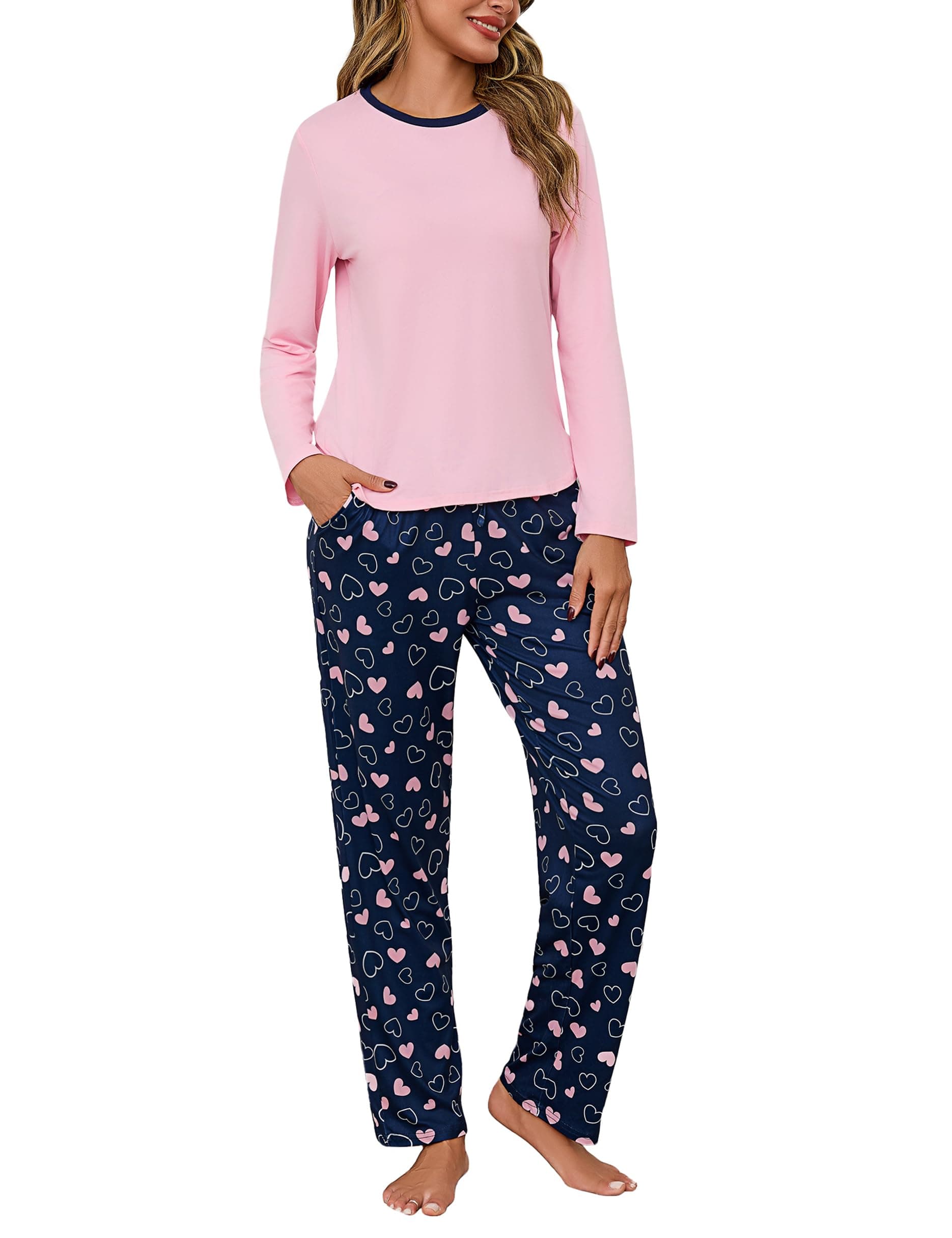 Litherday Pijama Mujer Invierno Manga Larga con Cuello Redondo 2 Piezas | Conjunto de Pijama Mujer Algodón Ropa para Dormir Cómoda con Bolsillos y Cordón