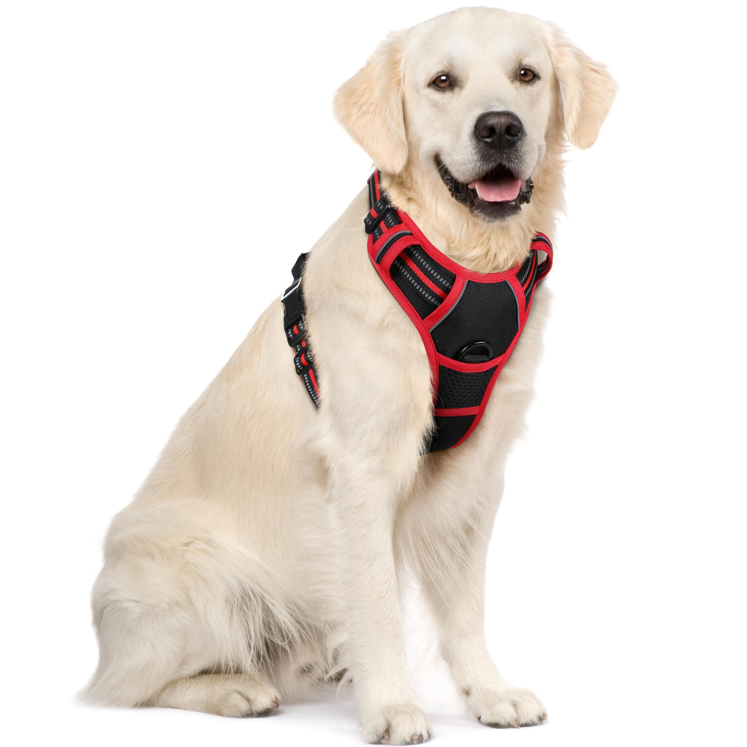rabbitgoo Harnais Chien Anti Traction, Arnet pour Chiens avec Poignée Contrôl, Facile à Mettre, Gilet Réfléchissant Réglable avec Attache Devant, Harnais pour Chien Grand, Noir et Rouge, XL