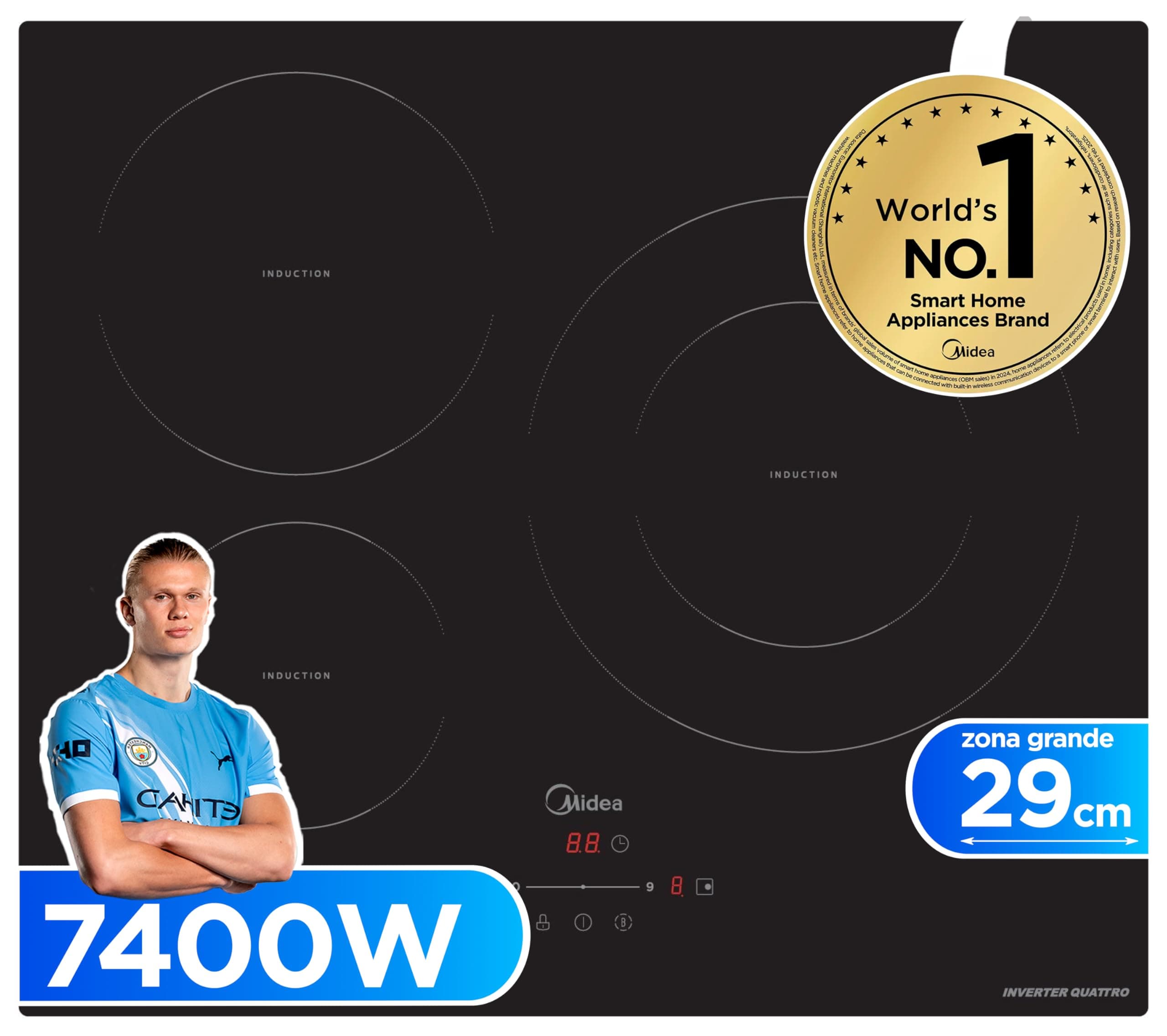 MIDEA Placa Inducción 3 fuegos 60 cm 7400 W - Vitroceramica Induccion Integrada con Panel de control tactil, Inverter quattro, 9 Niveles de Potencia, Booster, Indicador de Luz, y Temporizador