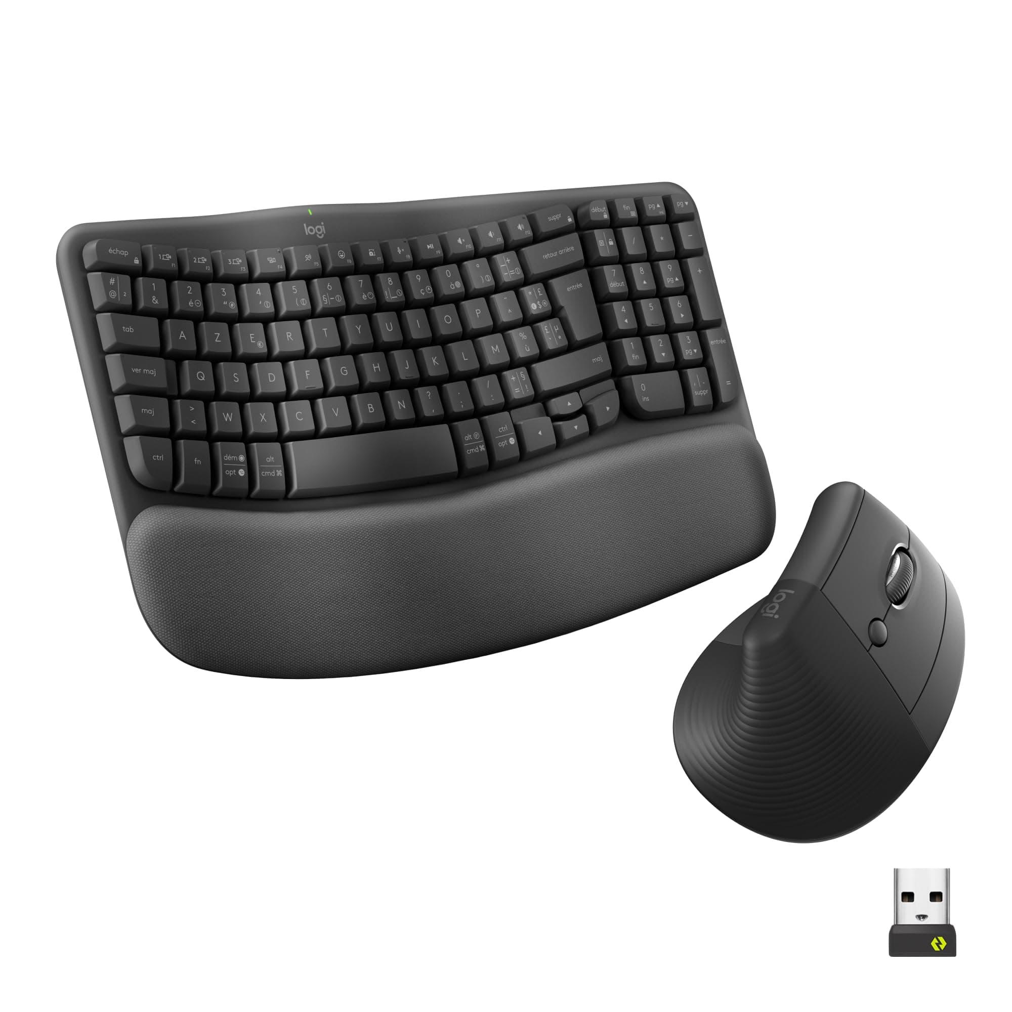 Logitech Wave Keys et Souris Verticale Lift - Ensemble Clavier sans Fil Ergonomique,avec Repose-Poignets rembourré,Easy-Switch,Bluetooth,Multi-systèmes d’Exploitation,Windows/Mac, FRA AZERTY-Graphite