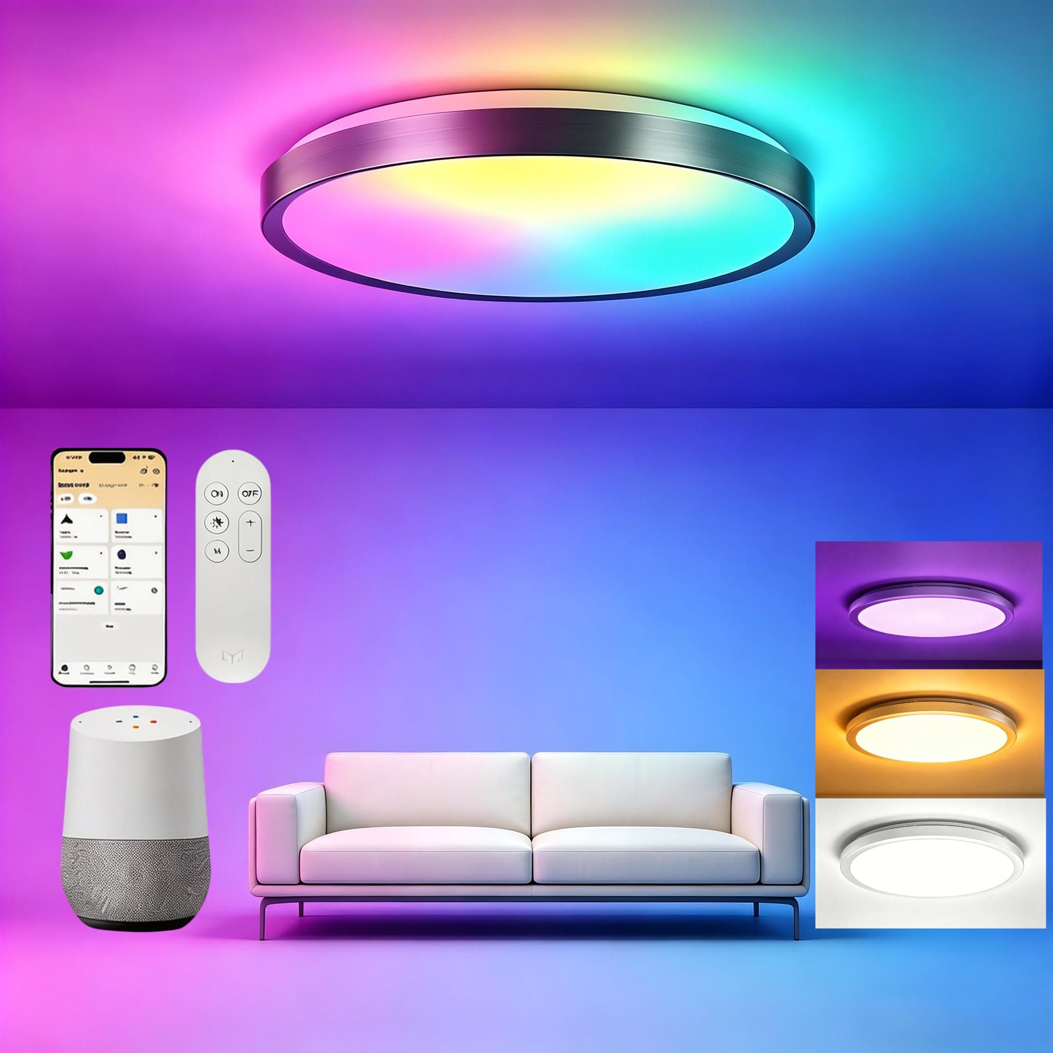 Yeelight Plafonnier intelligent LED RVB Office Close-to-Ceiling Lights, 60 W, 3800 lumens, 2700 K-6500 K, lampe à intensité variable, compatible avec Alexa, pour salon, chambre à coucher, cuisine