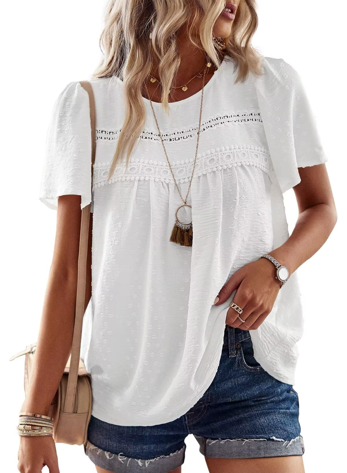 TUUHAW Femme Chemisier Boho Blouse Manches Courtes Col Rond Tunique Dentelle T-Shirt Fluide Tops Chemise Chic et Élégant