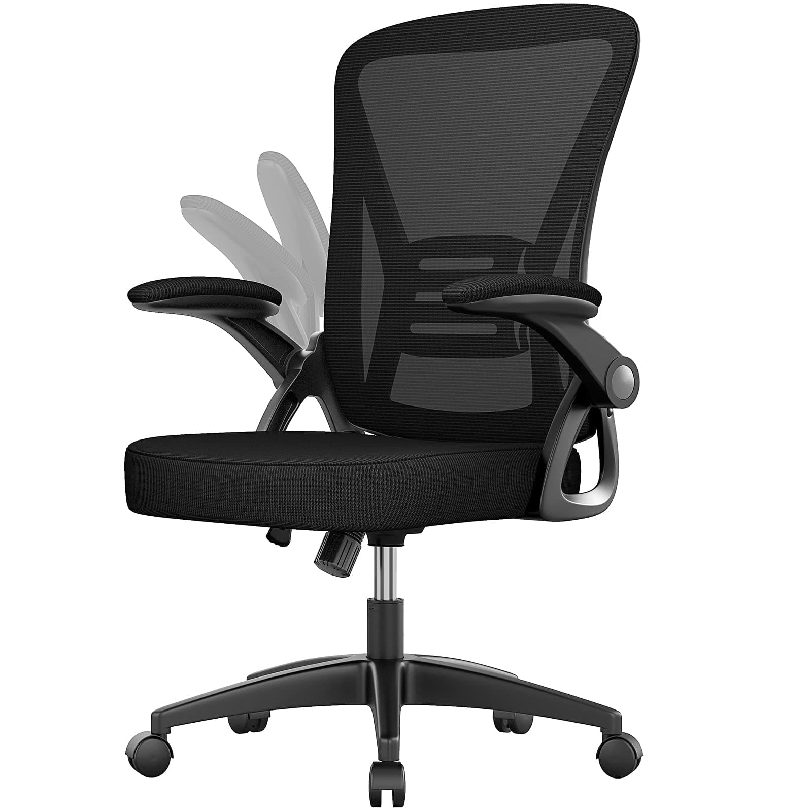 naspaluro Silla de Oficina, Silla de Escritorio Ergonómica con Reposabrazos Abatible de 90°, Altura Ajustable, Silla Giratoria de 360° con Respaldo Transpirable y Soporte Lumbar, Negro Oscuro