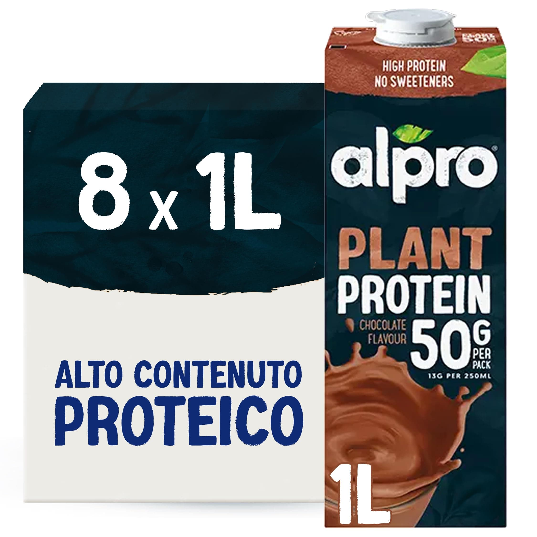 ALPRO PROTEIN 50g, Bevanda alla SOIA al gusto CIOCCOLATO, Naturalmente Senza Lattosio, con Vitamine B2, B12 e D - 8 confezioni x 1 Litro