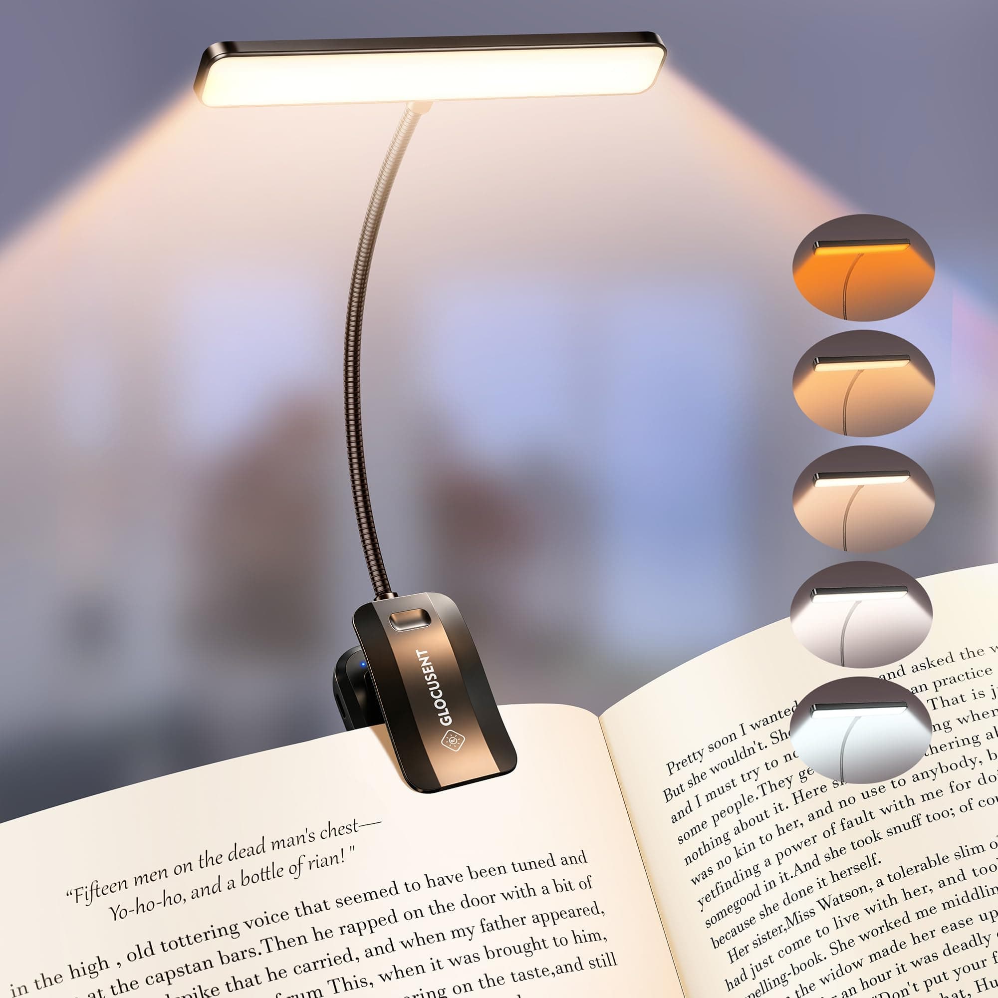 Glocusent 26 LED Luz de Lectura, Lámpara de Lectura USB-C Recargable de 360° Flexible con 5 Colores de Luz & 5 Brillos, Protección Ocular Lampara Libro con Modo Memoria para leer en la cama (Negro)
