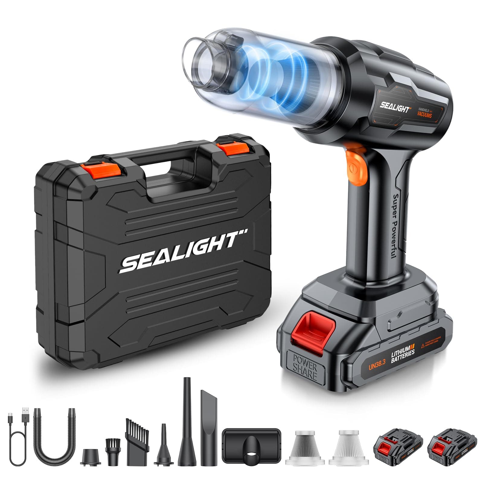 SEALIGHT Aspirateur à Main, 35000PA Aspirateur Voiture Puissant sans Fil avec 2er Batteries Rechargeables, Moteur sans Balai, Mini Aspirateur pour Voiture,Maison,Bureau,Cuisine