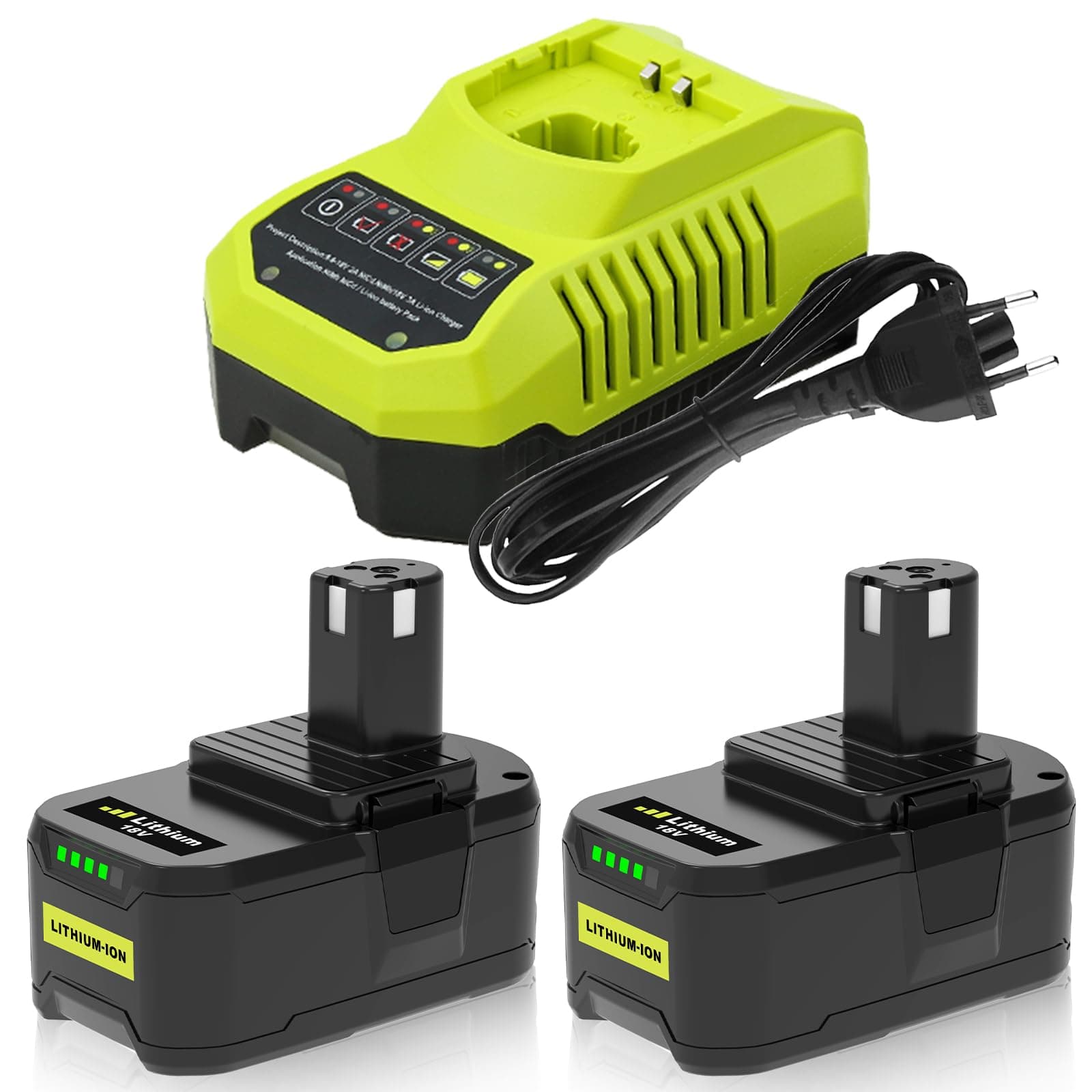 2 pièces 5500mAh Remplacement pour Ryobi Batterie 18V + Chargeur P117 9.6V-18V pour P102 P103 P104 P105 P107 P108 P109 P190 avec Indicateur LED