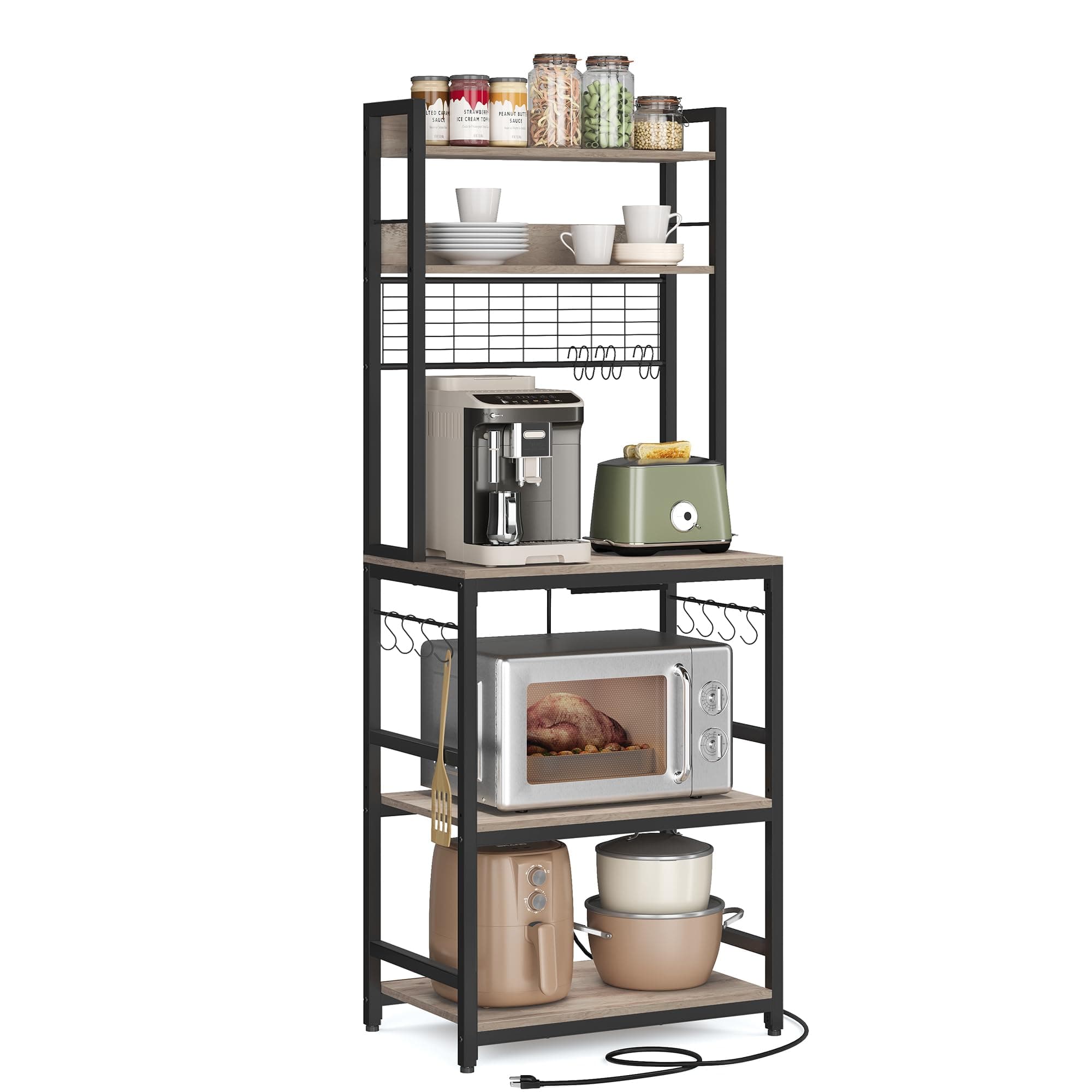 VASAGLE Scaffale Cucina con Multipresa, Scaffale per Microonde, Mobile Cucina, con Pannello a Rete Metallica, 14 Ganci, 40 x 60 x 170 cm, Greige e Nero KKS037B02EU