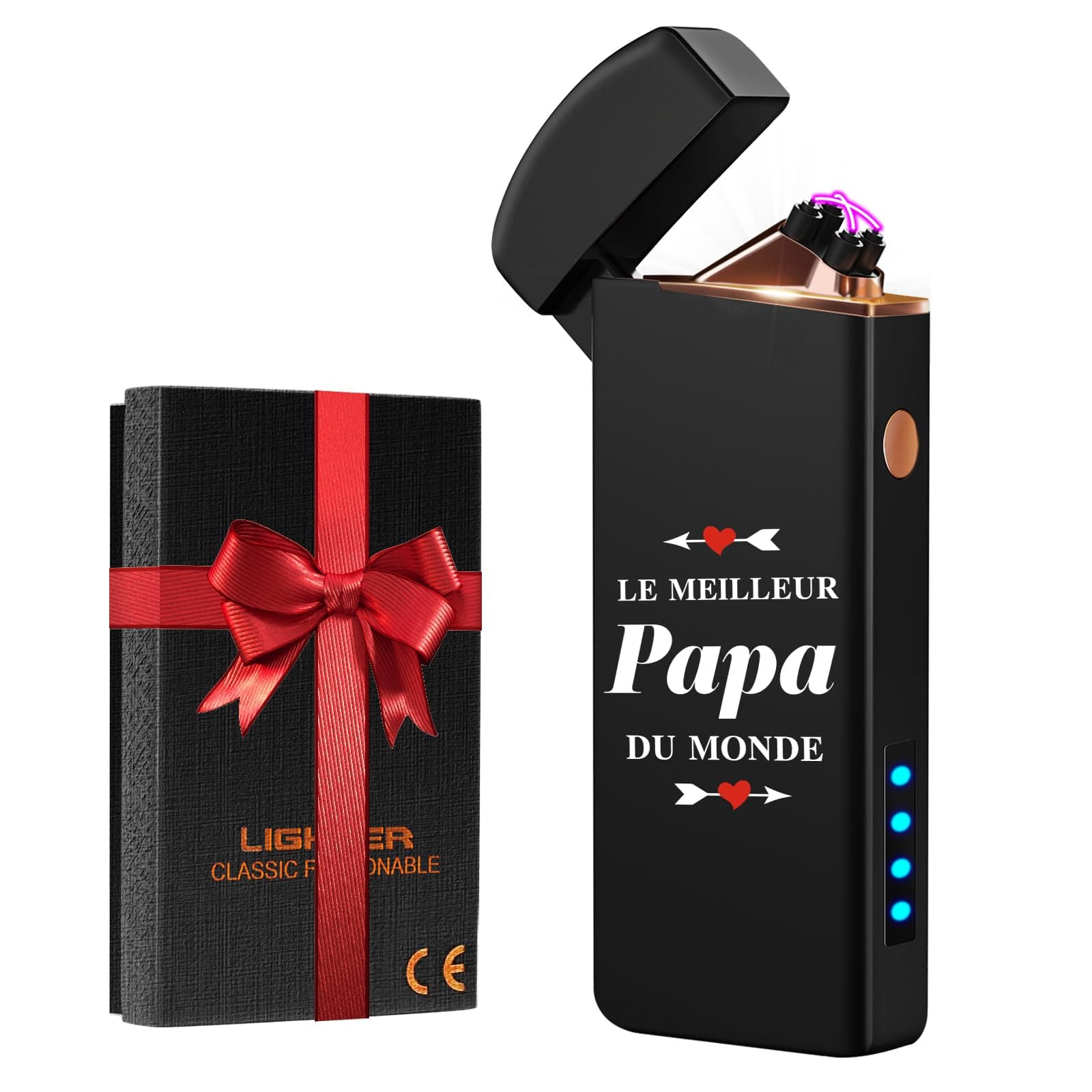 Cadeau Papa Cadeau Fete des Peres, Coquimbo Briquet Electrique Rechargeable Double Arc avec USB Câble, Longue Durée Coupe-Vent Briquet pour Bougie, Barbecue, Cadeau Anniversaire/Noël Papa
