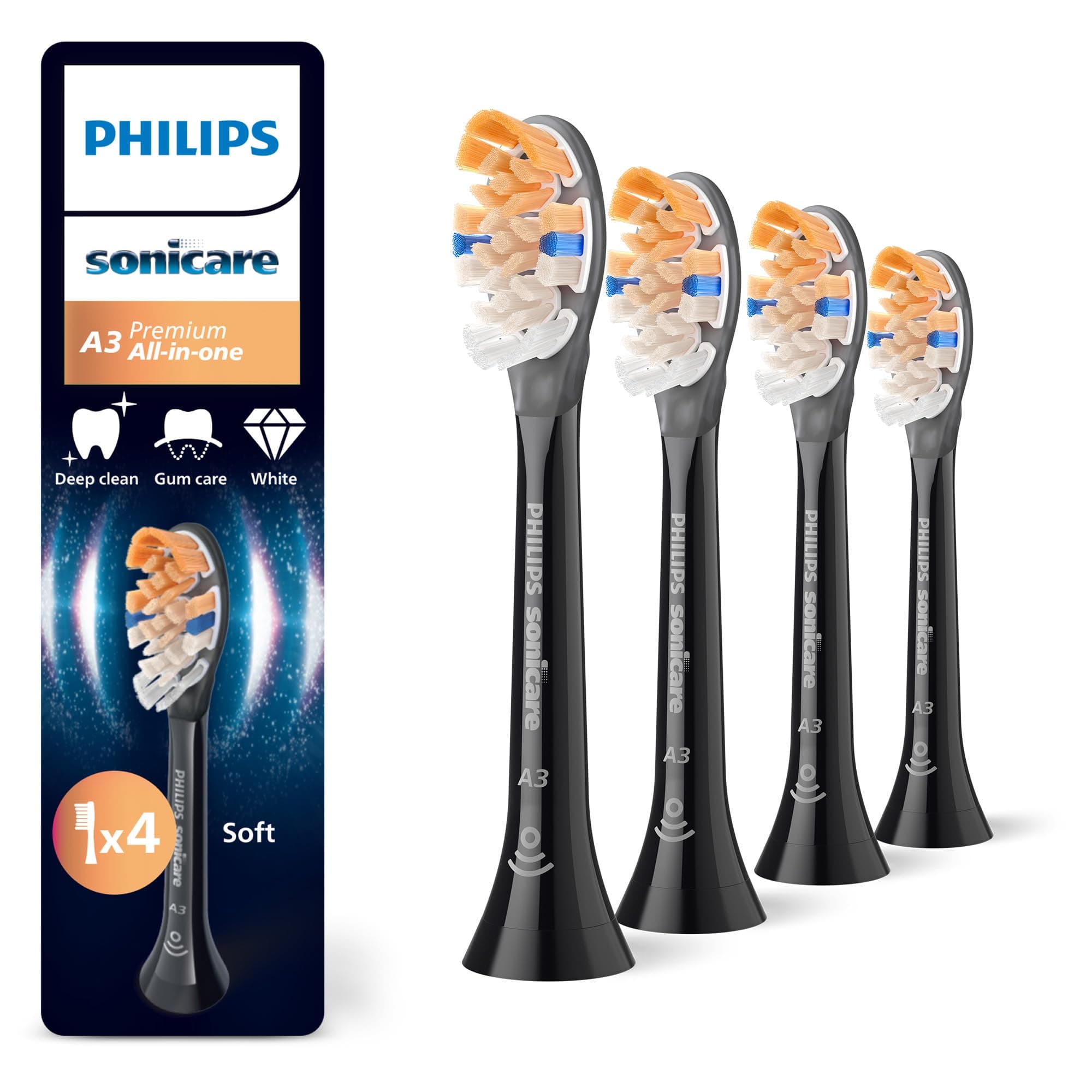 Philips Sonicare A3 Premium All-in-One, Original Ersatzbürstenköpfe, Schwarz, 4er-Pack, HX9094/88
