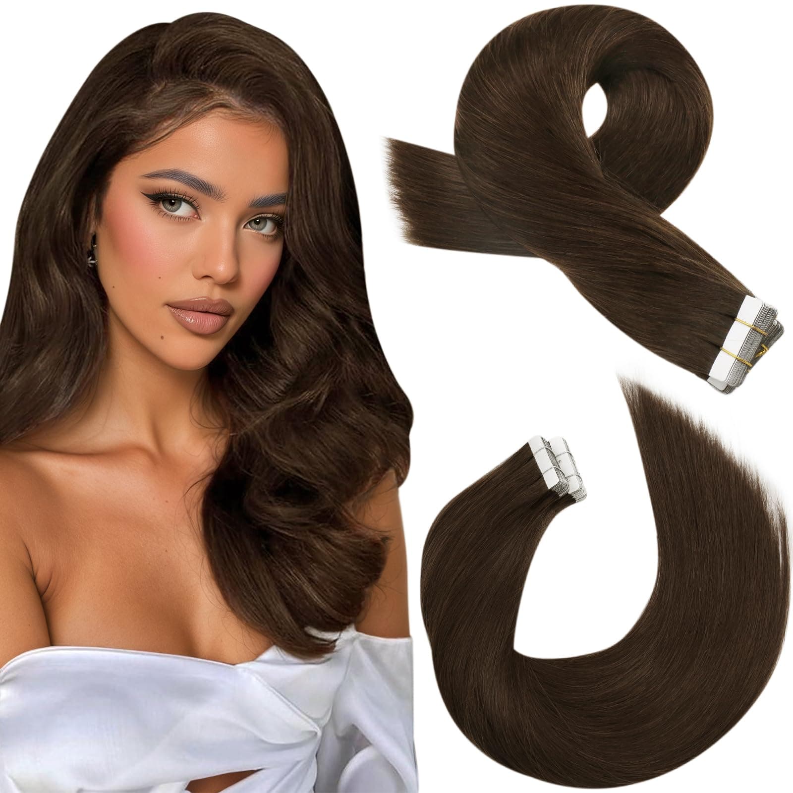 Moresoo Extension Capelli Veri Biadesivo Castano Morbidi #4 35cm 40g 20pz | Qualità Remy, Stile Quotidiano, Acconciatura Da Festa, Look Sofisticato, Volume Extra