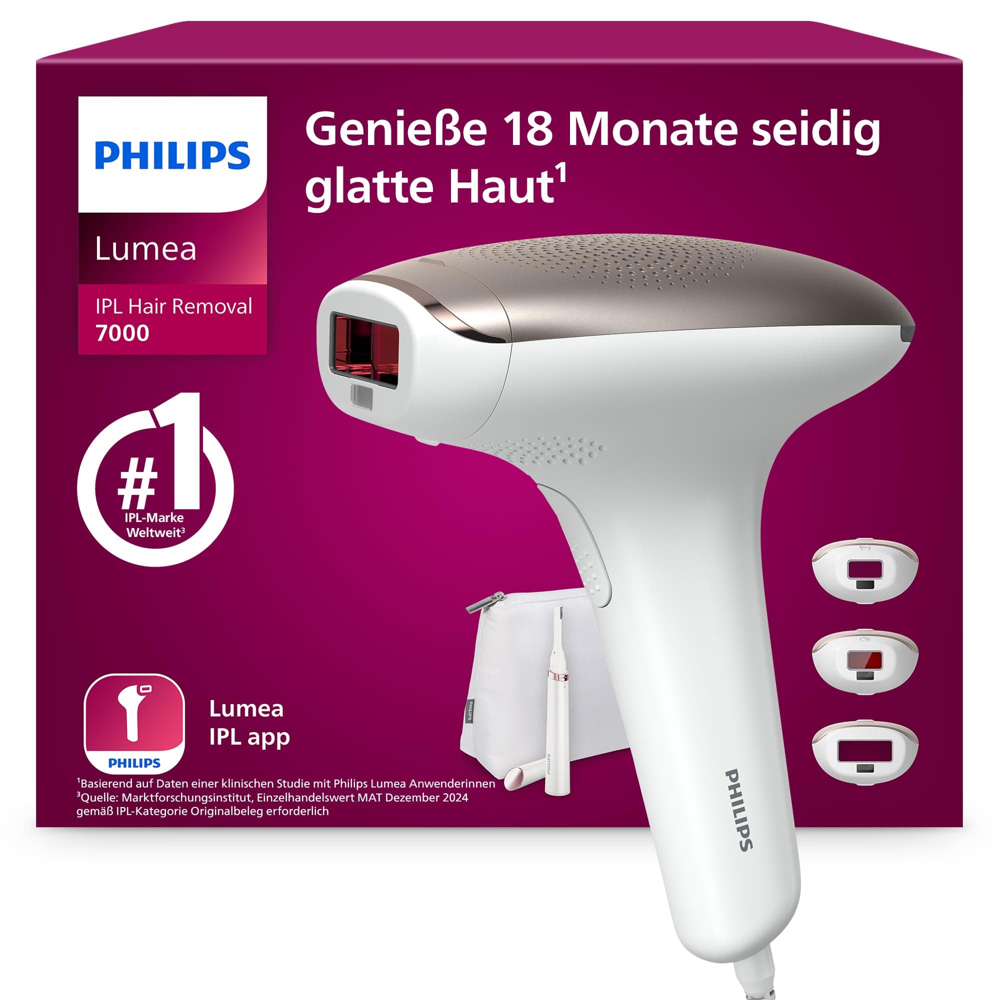 Philips Lumea IPL 7000 Series - IPL Geräte Haarentfernung für bis zu 18 Monaten seidig-glatte Haut¹ mit 3 Aufsätzen für Körper & Gesicht, Alternative zur Laser-Haarentfernung (BRI923/00)