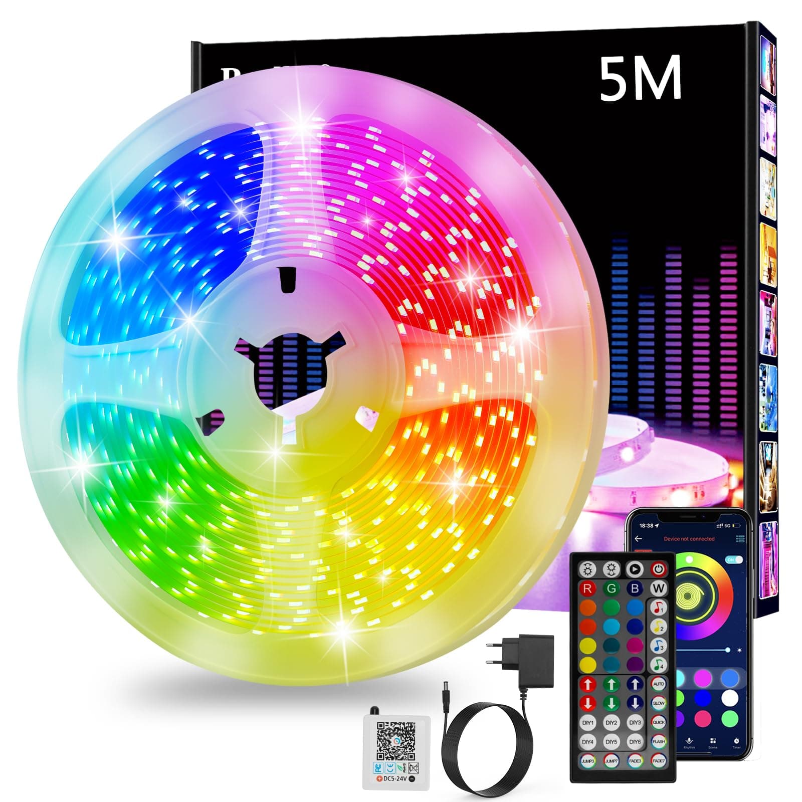 Ruban Led 5m, Led Chambre, Contrôlé par APP Bluetooth ou Télécommande 44 Touches, Synchroniser avec Rythme de Musique, RGB Bande LED Lumineuse pour Maison Décoration