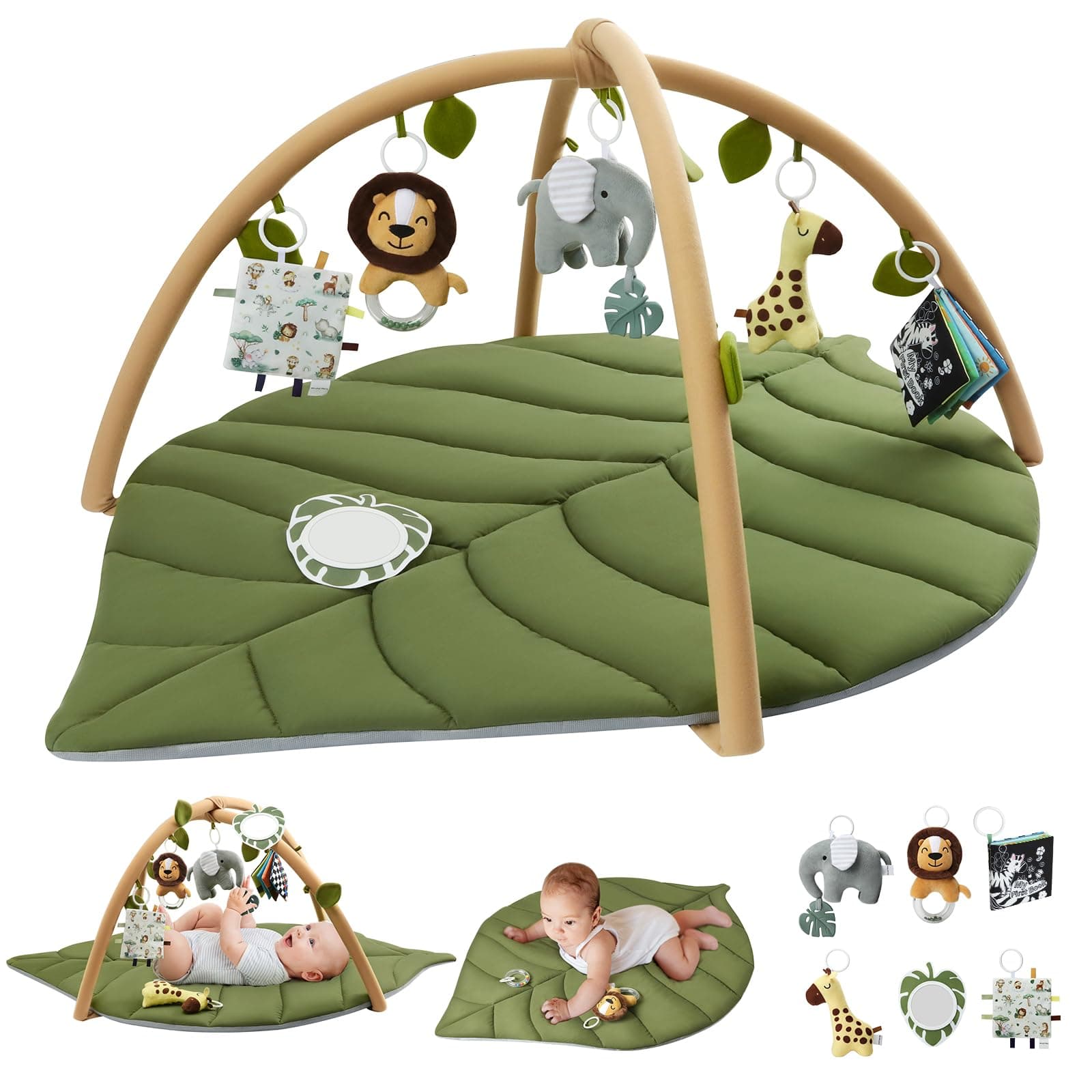 Blissful Diary Tapis d'éveil Bébé avec Arche Amovible, Forme des Feuilles Tapis Éveil Bébé 6 Jouets - Développement Sensoriel et Moteur Progressif, Enfant, Fille et Garçon, Vert Forêt