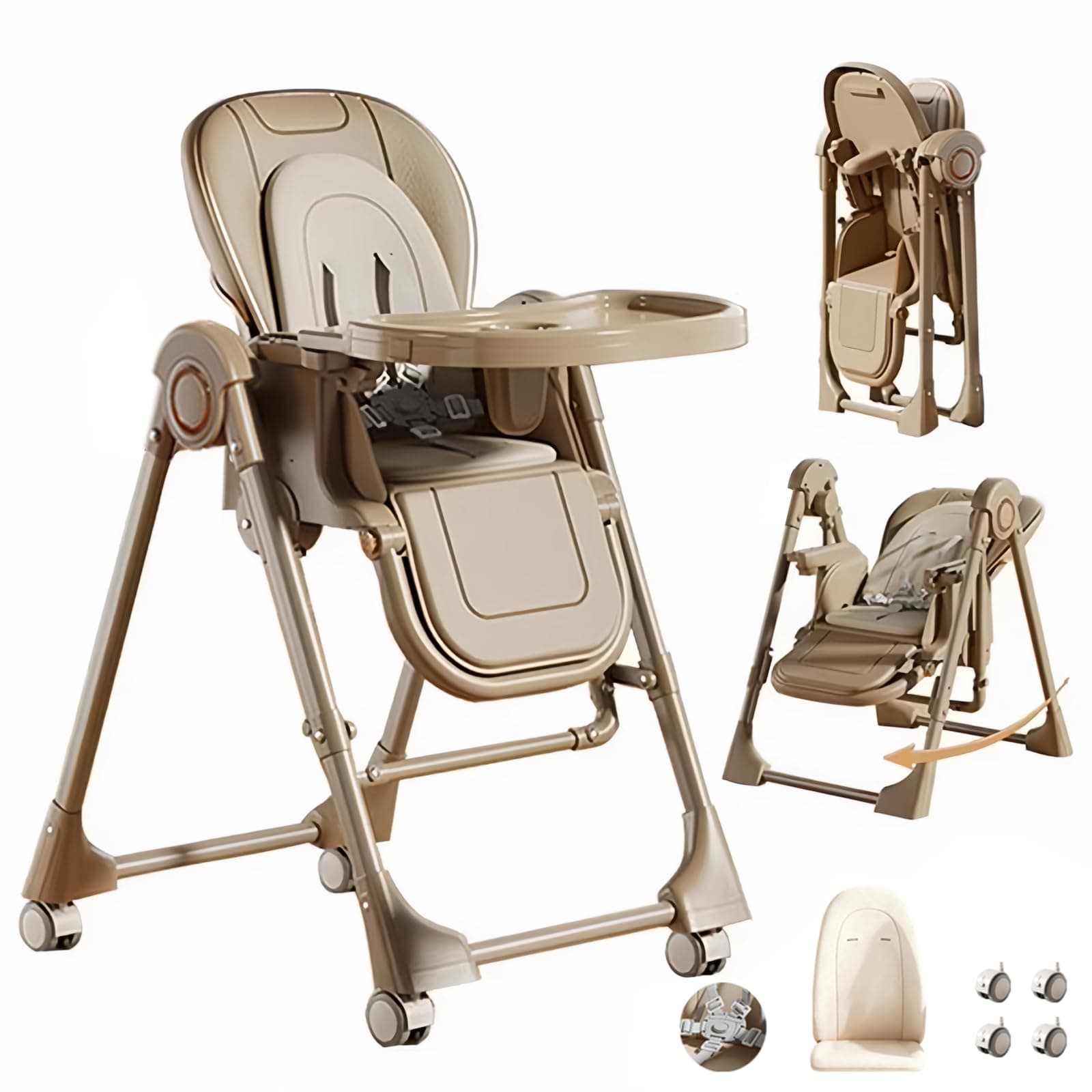 Magic ZC Cuero PU Trona para Bebé Silla de Comedor para Alimentación de Niños Pequeños con Alturas Ajustables y Posiciones Convertible Plegable Multifuncional (X8121 Khaki)