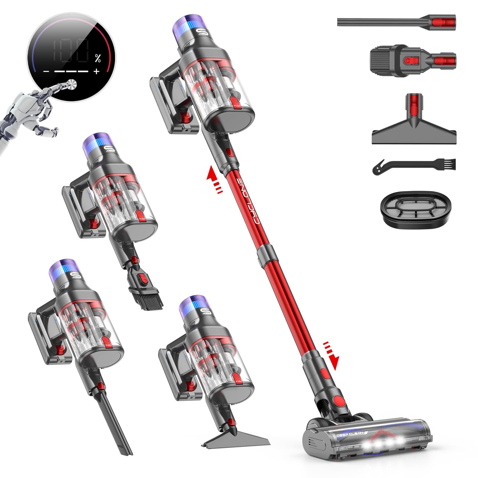 VSTOKY V15 Pro Max Aspirateur Balai sans Fil, 600W/58Kpa/80Mins Aspirateur sans Fil Puissant avec Écran LED, Design à Double Bac Aspi pour Sols Durs Poils d'animaux Tapis
