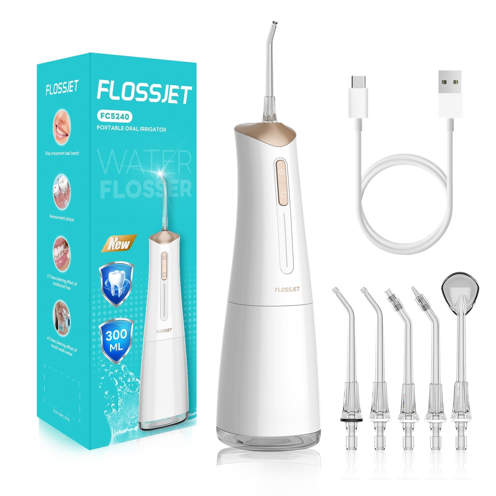 FlossJet Jet Dentaire Hydropulseur,Water Flosser 4 Modes IPX7 Sans Fil | Irrigateur Oral 300ML,Livré Avec 5 Buses Rotatives À 360°,Recharge USB-C,Portable Idéal Pour Voyages Et Usage Quotidien