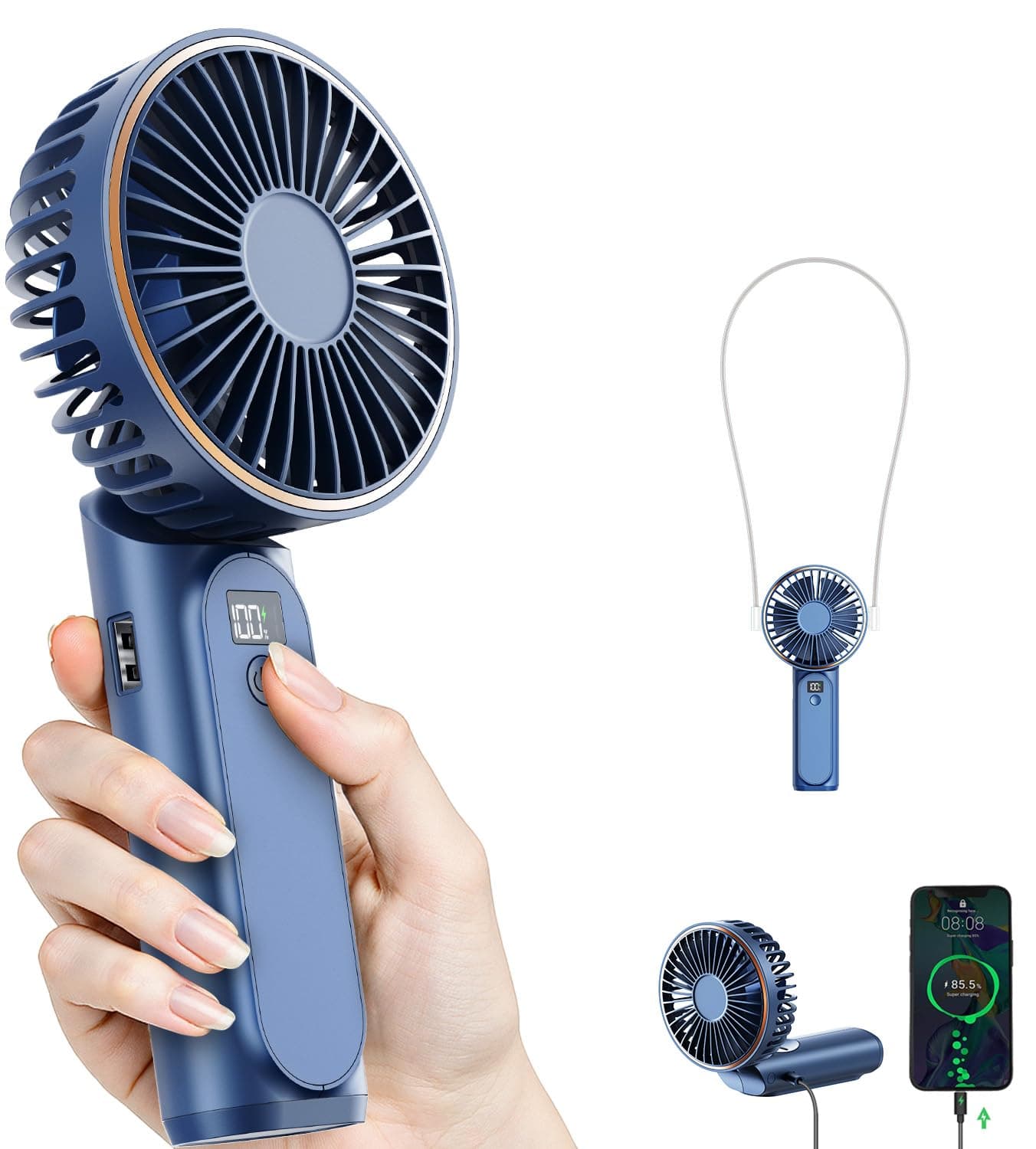 TUNISE Ventilateur Portable à Main, Mini Ventilateur Pliable 180°, 6 Vitesses, Affichage LCD, Ultra Silencieux, 4000mAh, Format de Poche, Pour Intérieur Extérieur, Avec Lanière