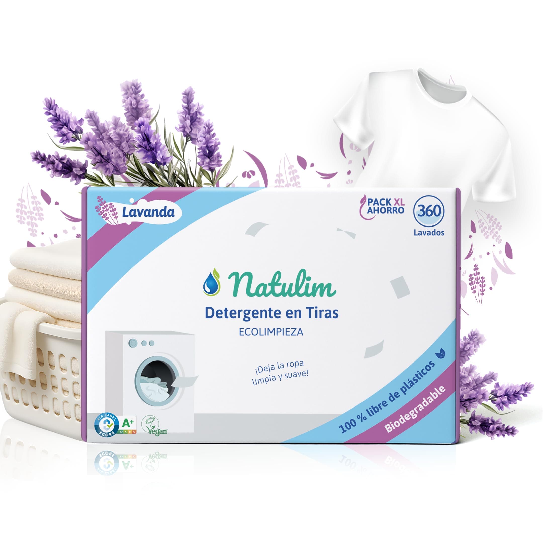 Natulim - Detergente en Tiras para Lavadora (360 Lavados) - Incluye efecto Suavizante, Ecológico, Hipoalergénico, Zero Waste, Made in Spain - Ropa limpia y suave sin ensuciar el Planeta (Lavanda)