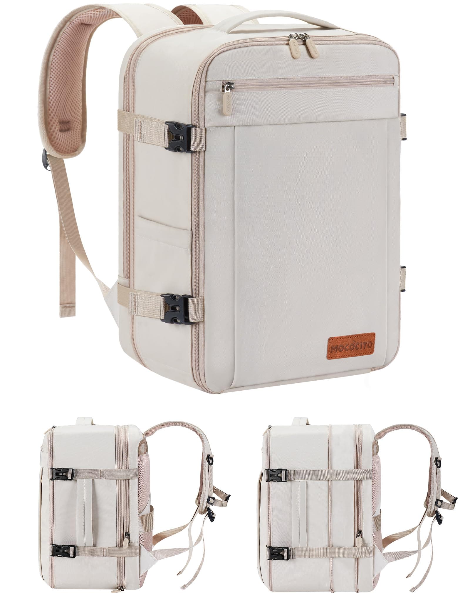 MOCOCITO Bagage Cabine 40x30x20cm Extensible, Sac à Dos de Voyage, Sac Cabine Avion 24L-30L pour Vueling/Transavia, avec Compartiment PC 15.6" - Beige Crème