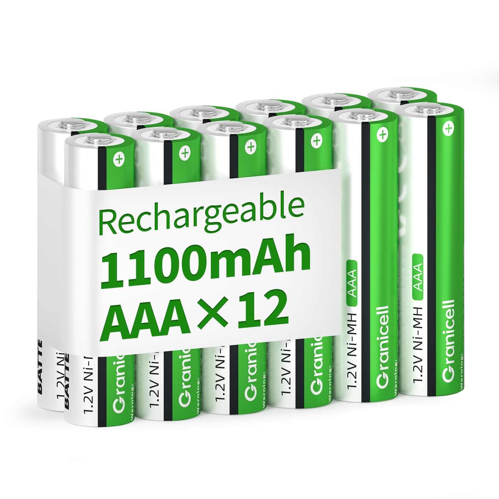 Granicell Lot de 12 piles rechargeables AAA - 1100 mAh - Haute capacité - 1500 cycles - 1,2 V NiMH - Faible auto-décharge
