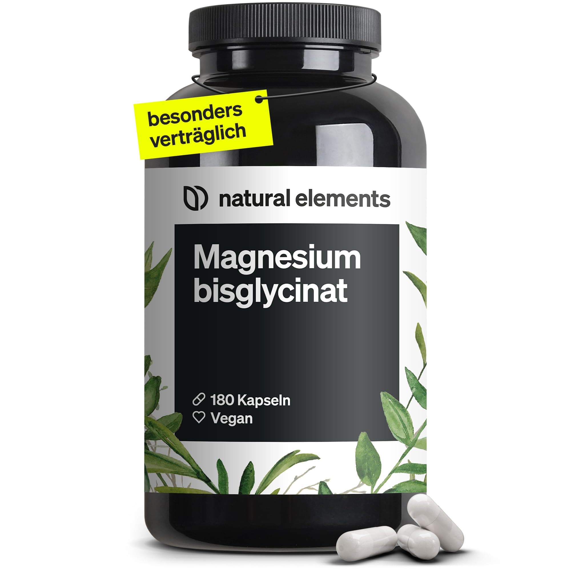 natural elements Magnesium Bisglycinat - Premium: Chelatiertes Magnesium - 180 Kapseln - 300mg elementares Magnesium pro Tagesdosis - Laborgeprüft, vegan, hochdosiert
