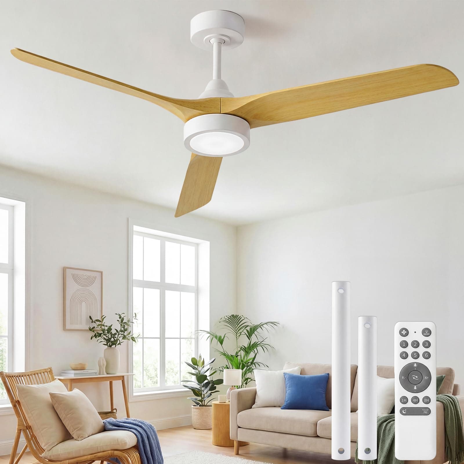 Ateroll Ventilateur Plafond Télécommande, Ventilateur de Plafond Design & Silencieux, Ø132 cm en ABS, Ventilateur Dimmable Plafonnier 6 Vitesses, Minuterie 3 Températures LED Chambre, Salon & Terrasse