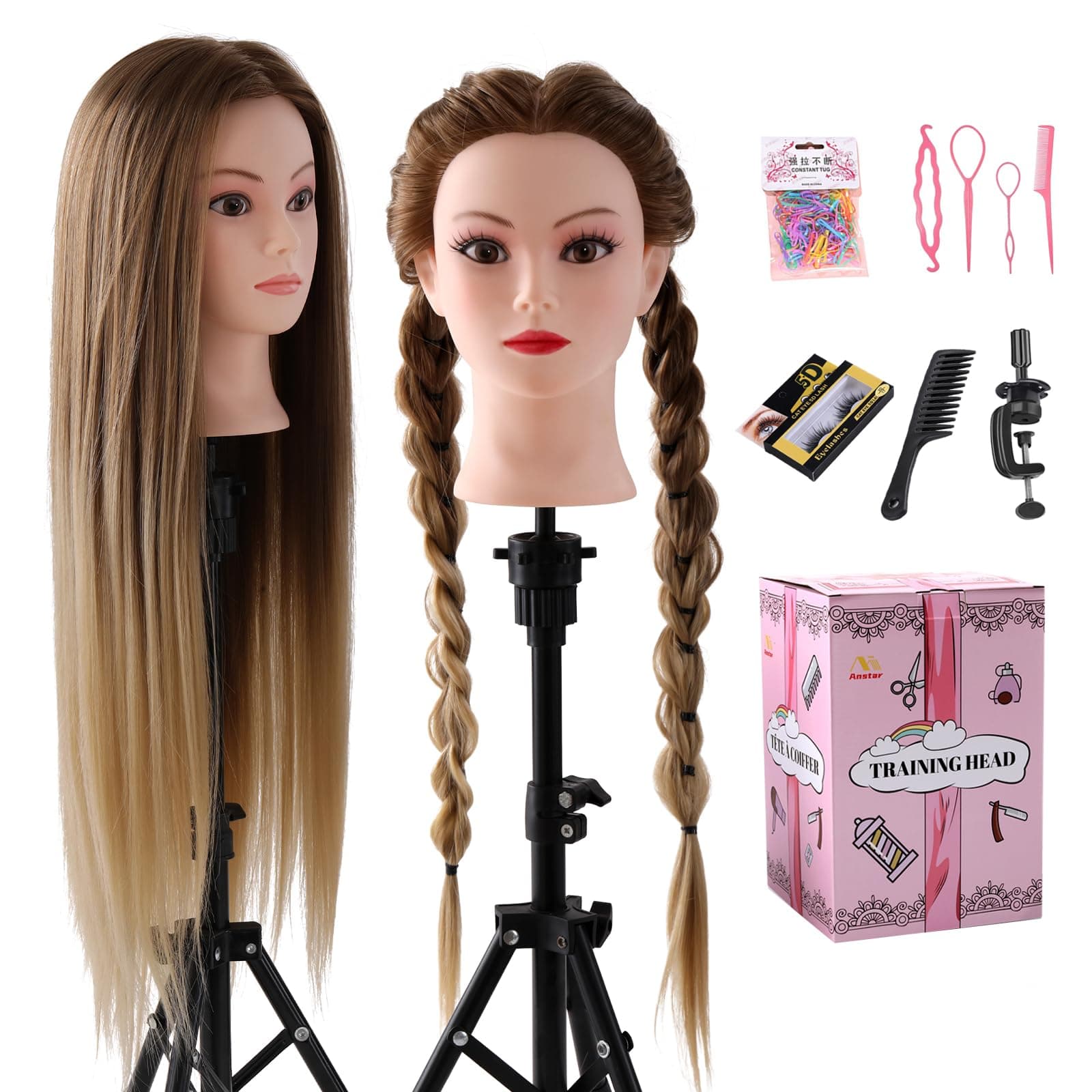 28" Tête à Coiffer Professionnel Coiffure 100% Cheveux Synthétiques Blond | Tete a Coiffer Tête de coiffure Têtes d'exercice Cosmétologie pour le Salon avec Support + Ensemble de Tresse