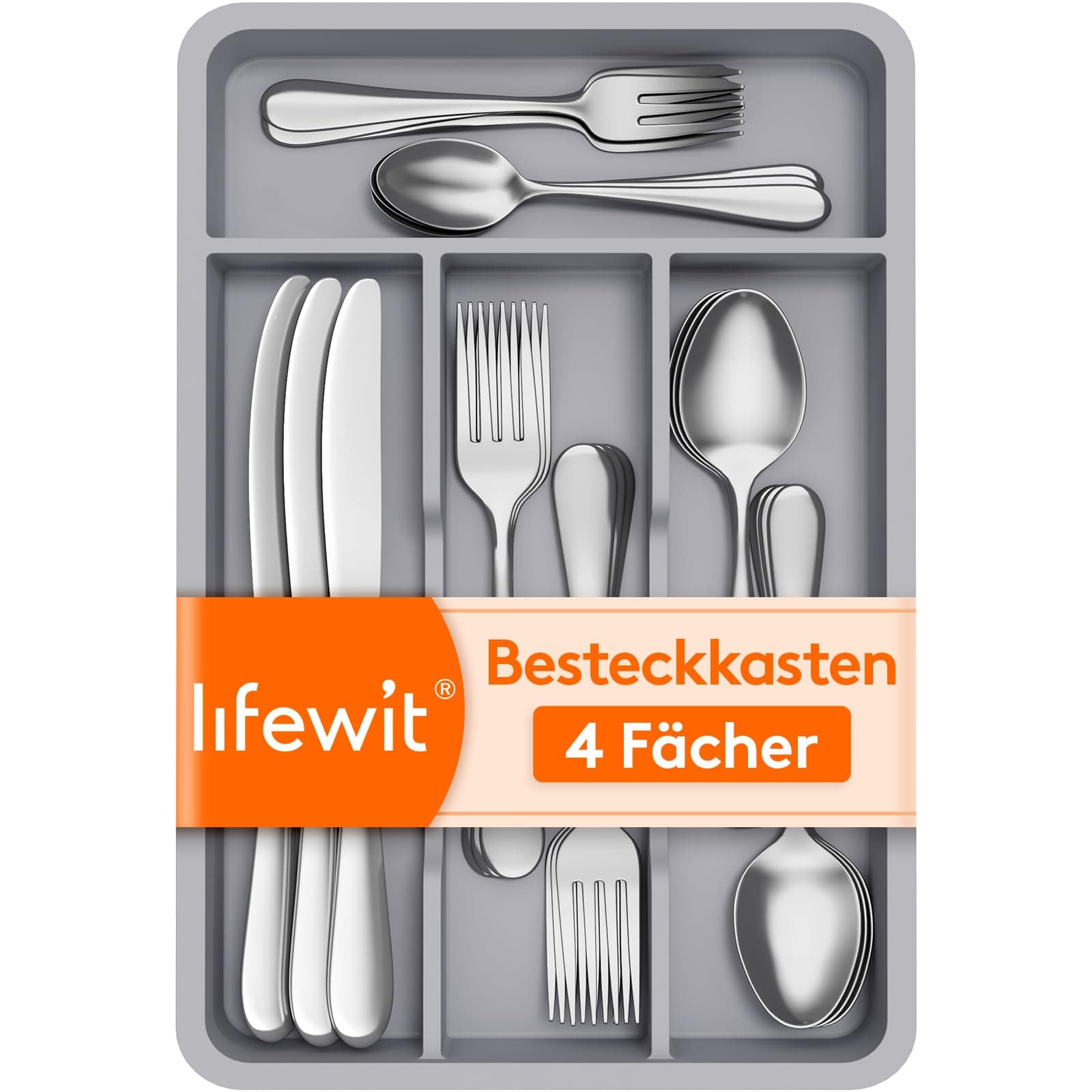 Lifewit kleiner Besteckkasten für Schubladen, 4 Fächern Besteck Organizer, 20 x 32 cm Schublade Organizer Küche, Besteckeinsatz Utensilienhalter aus Kunststoff für Löffe/Gabeln/Messer, Grau