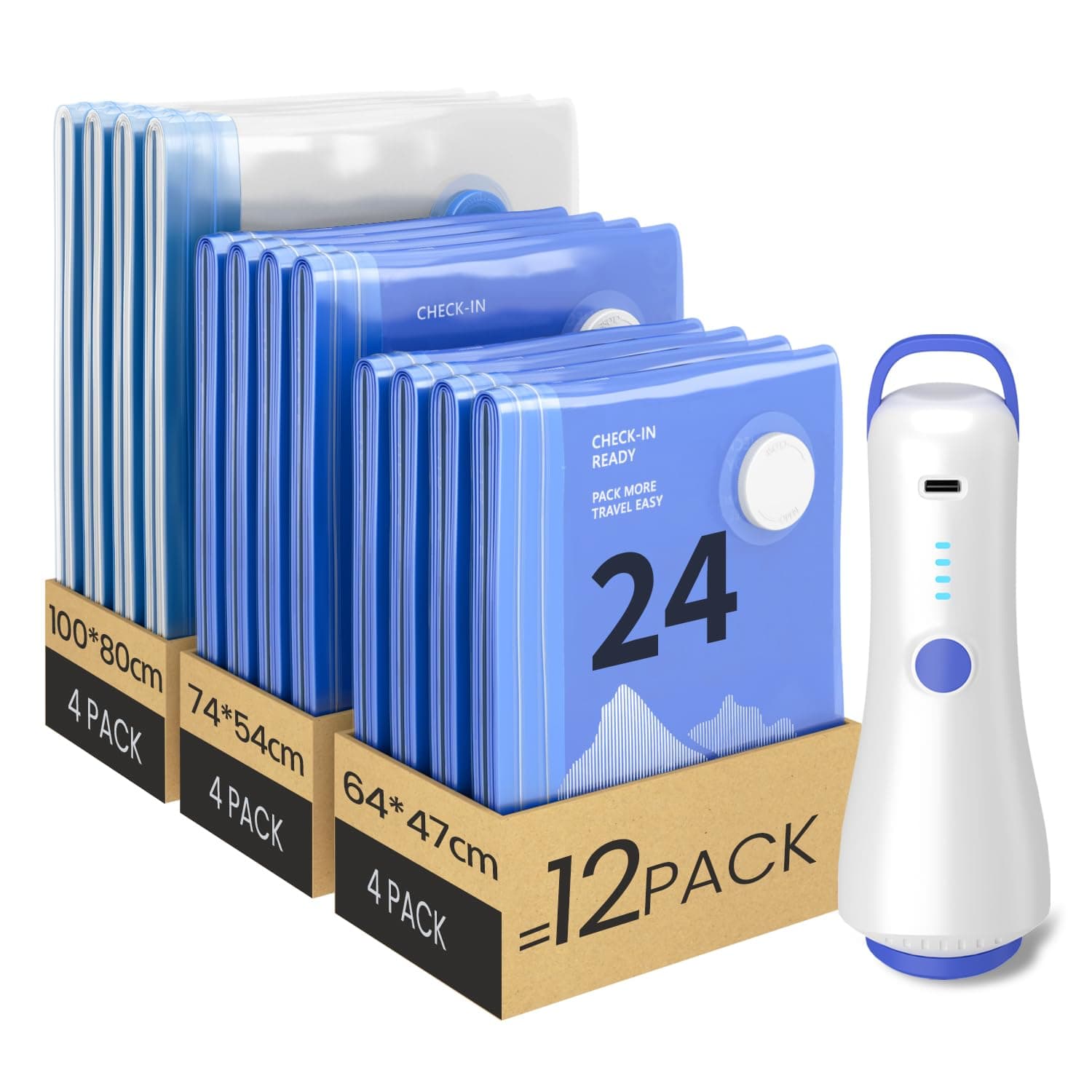 Raplink Sac sous Vide Vetement Aspirateur avec Pompe Électrique, 12 Sac de Rangement sous Vide (4 * 100x80cm, 4 * 74x54cm, 4 * 64x47cm), Sac sous Vide Voyage, Déménagement, Rangement