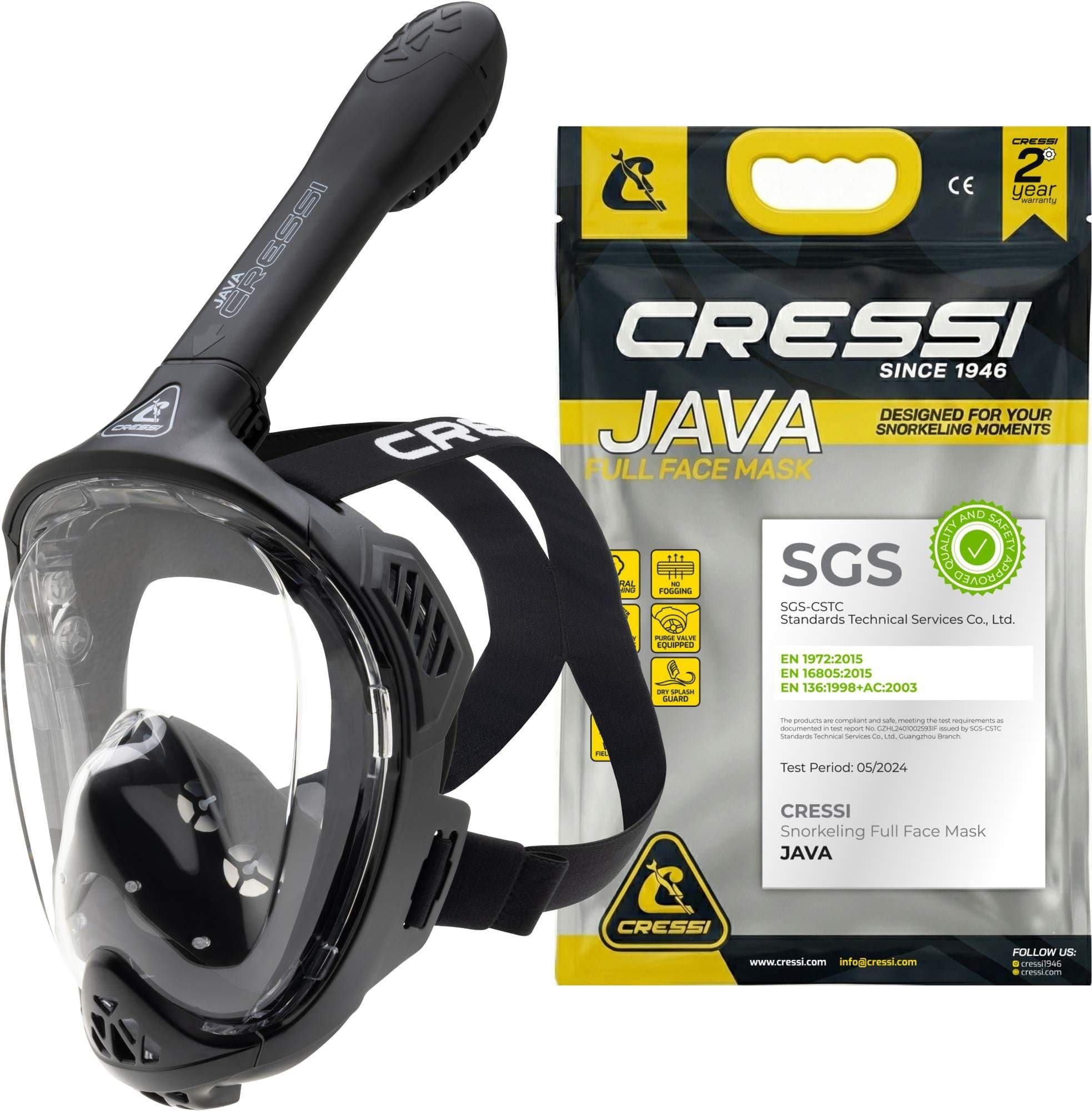 CRESSI Java Full Face Mask - Maschera Snorkeling Integrale Compact Fit, Lente Ultra Chiara Anti Fog, 100% Silicone, Snorkel Dry con Valvole Sicurezza