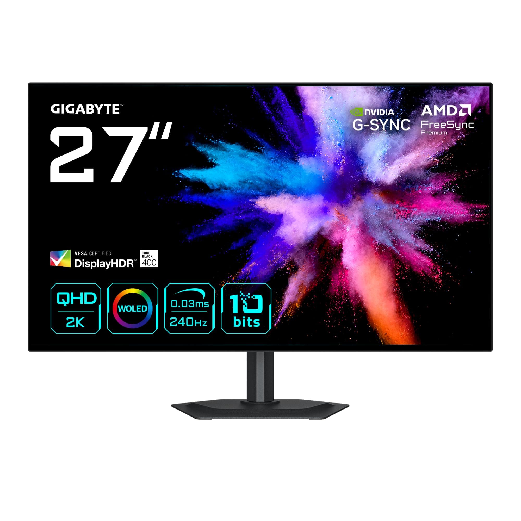GIGABYTE GO27Q24G Monitor Gaming OLED 27” 2K QHD - 2560 x 1440, 240Hz, 0.03ms, 275 CD/m², FreeSync Premium, G-Sync Compatible, HDMI 2.1, DisplayPort 1.4