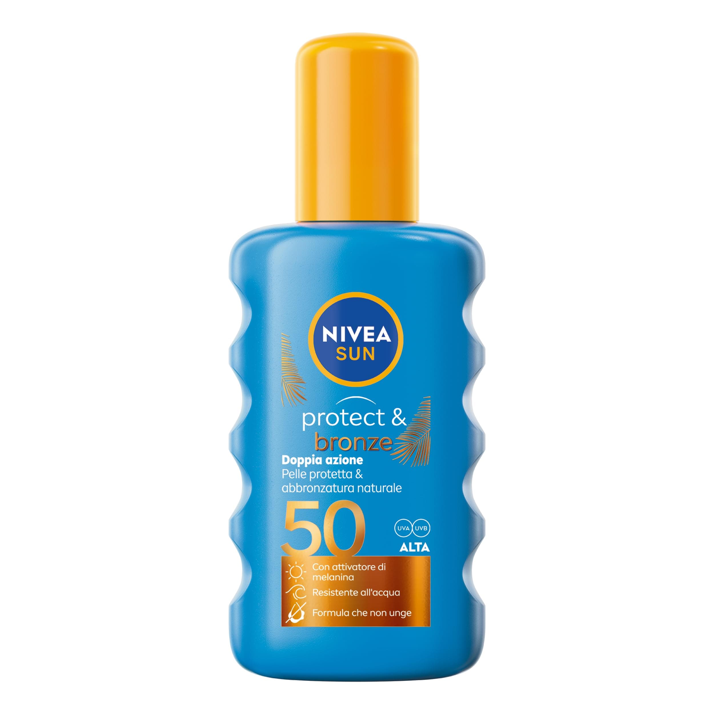 NIVEA SUN Spray Protect & Bronze SPF 50 200 ml, Crema solare 50 spray abbronzante corpo, Protezione solare 50 con attivatore di Melanina acceleratore abbronzatura, Resistente all'acqua, Non unge
