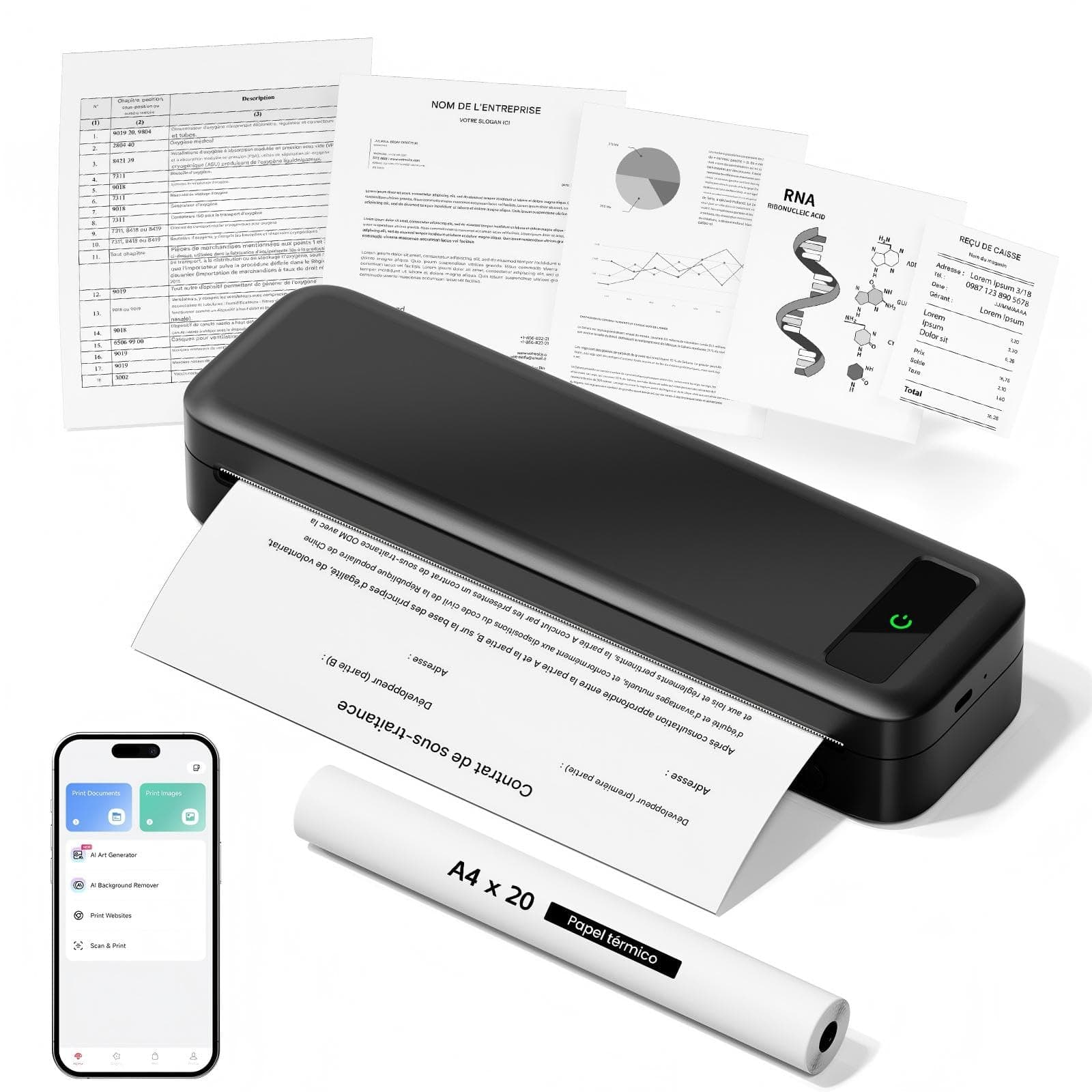 Imprimante Thermique Portable A4 sans Encre Bluetooth sans Fil A285M Noir | Compatible avec iOS et Android - Mini Imprimante Petite pour Papier Thermique 216/210/110/80/53mm, Mac, Windows, Reçus, 599g
