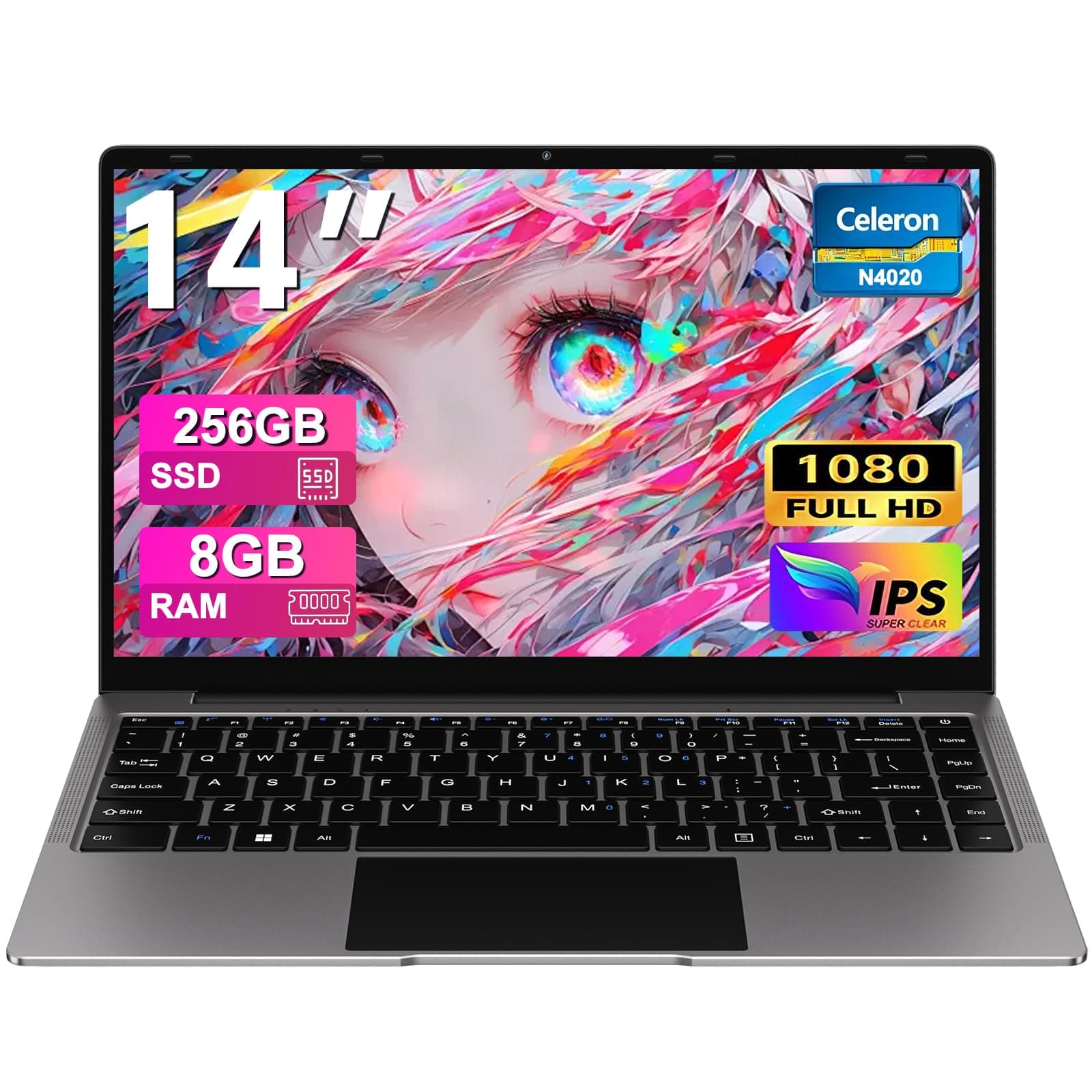 2026 Ordinateur Portable 14 Pouces N4020(jusqu'à 2,9 GHz) 8Go DDR4 Win11 256Go SSD Extension 1To 5G WiFi HDMl FHD PC Portable avec Souris sans Fil qwerty Clavier AZERTY Membrane du Clavier- Gris