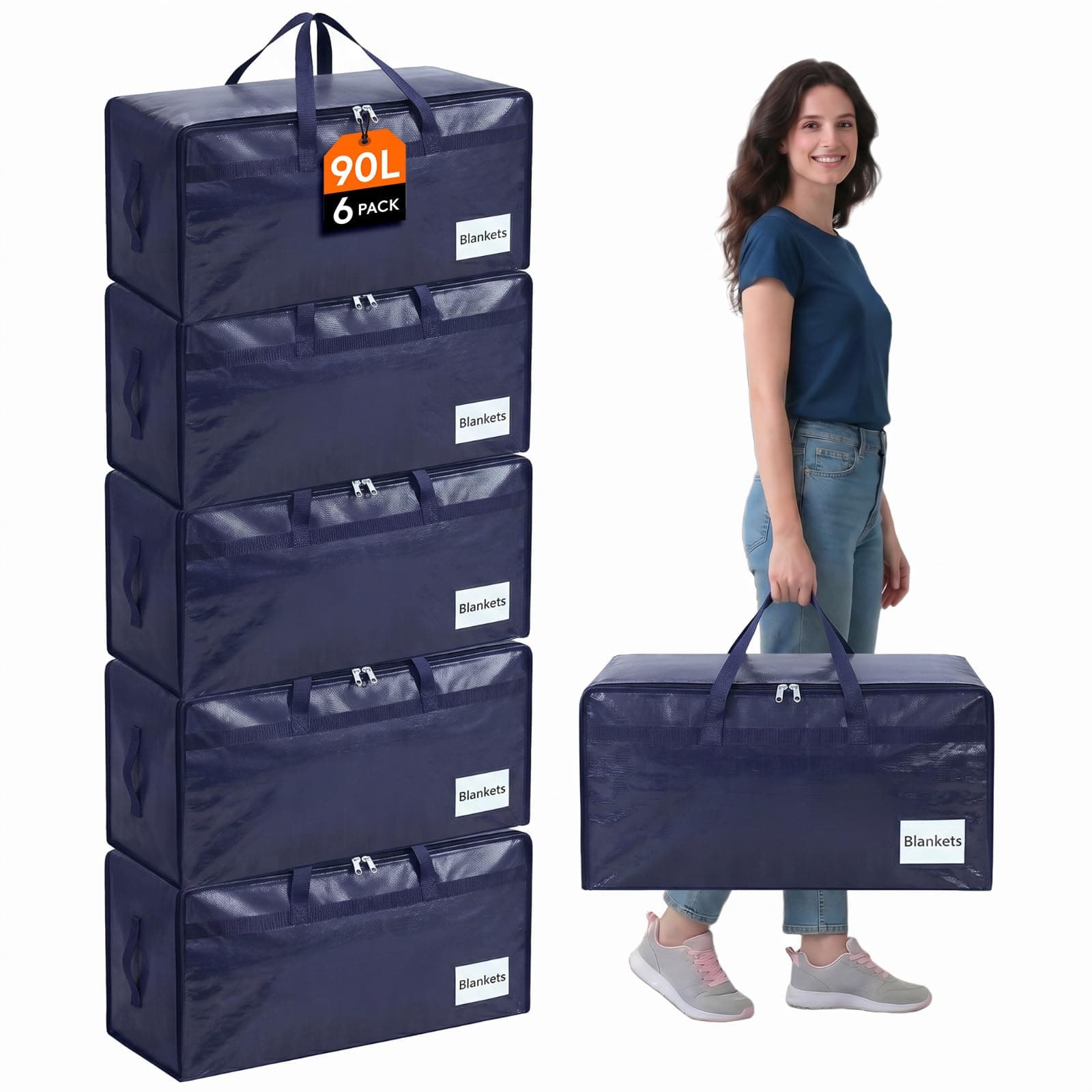 Lifewit Set di 6 Grandi Scatole per Armadio 90 L, Borse Trasloco con Manici, Contenitore Pieghevole per Piumoni, Coperte, Vestiti, Blu